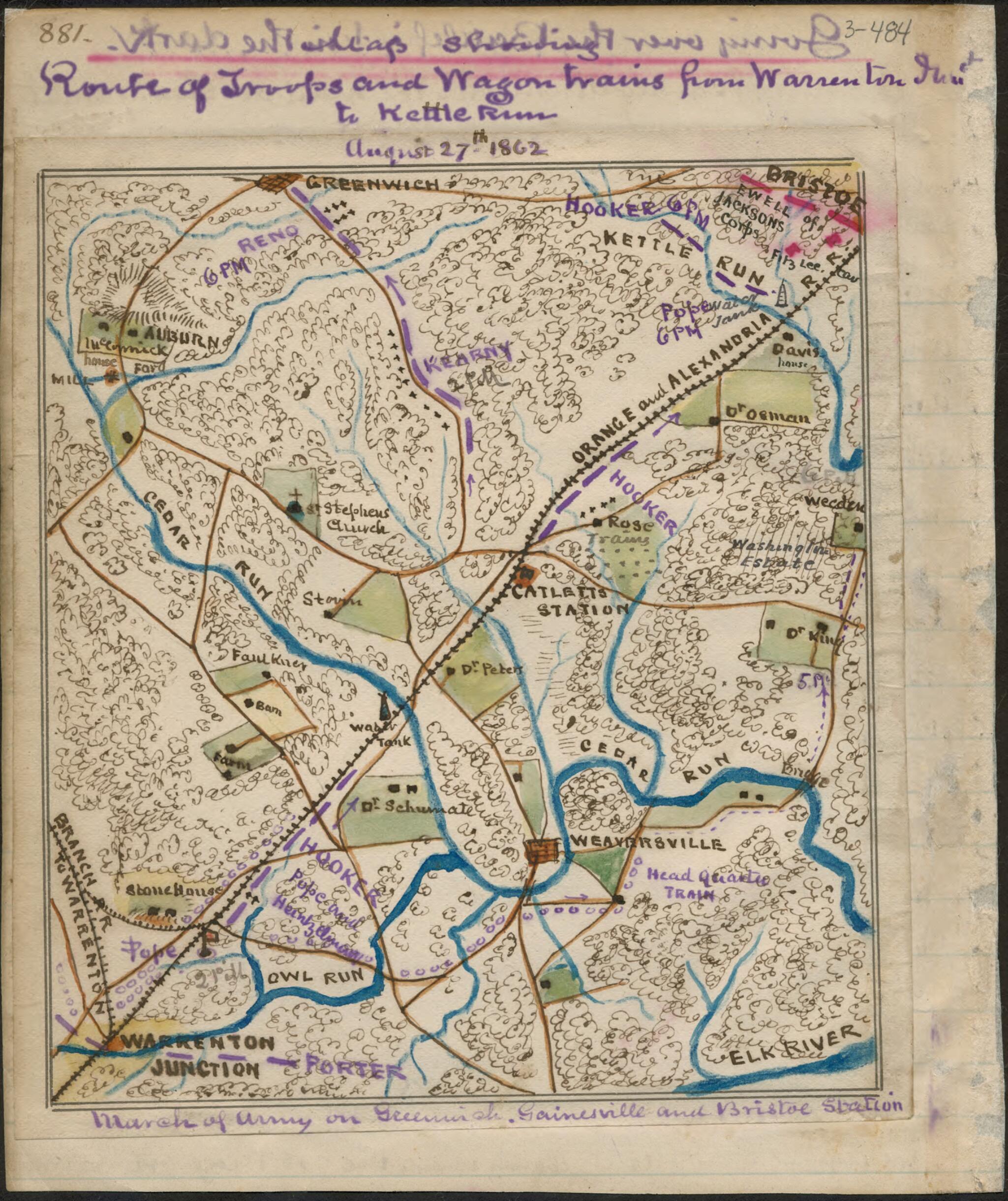 This old map of Route of Troops and Wagon Trains from Warrenton Jnct. to Kettle Run from 08-27 was created by Robert Knox Sneden in 08-27