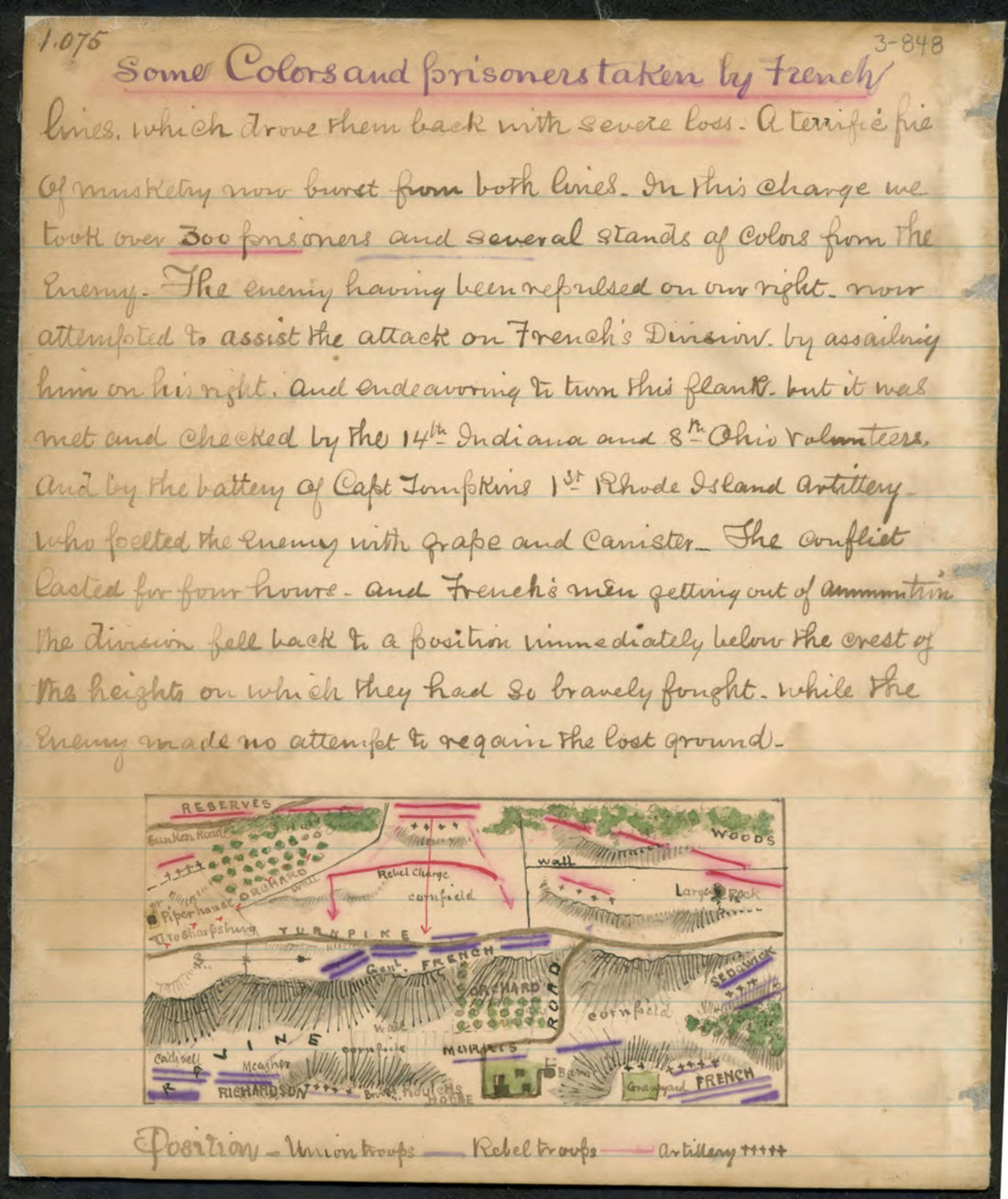 This old map of Some Colors and Prisoners Taken by French : map of Action Around Washington Heights, Sharpsburg, Md. from 09-17 was created by Robert Knox Sneden in 09-17