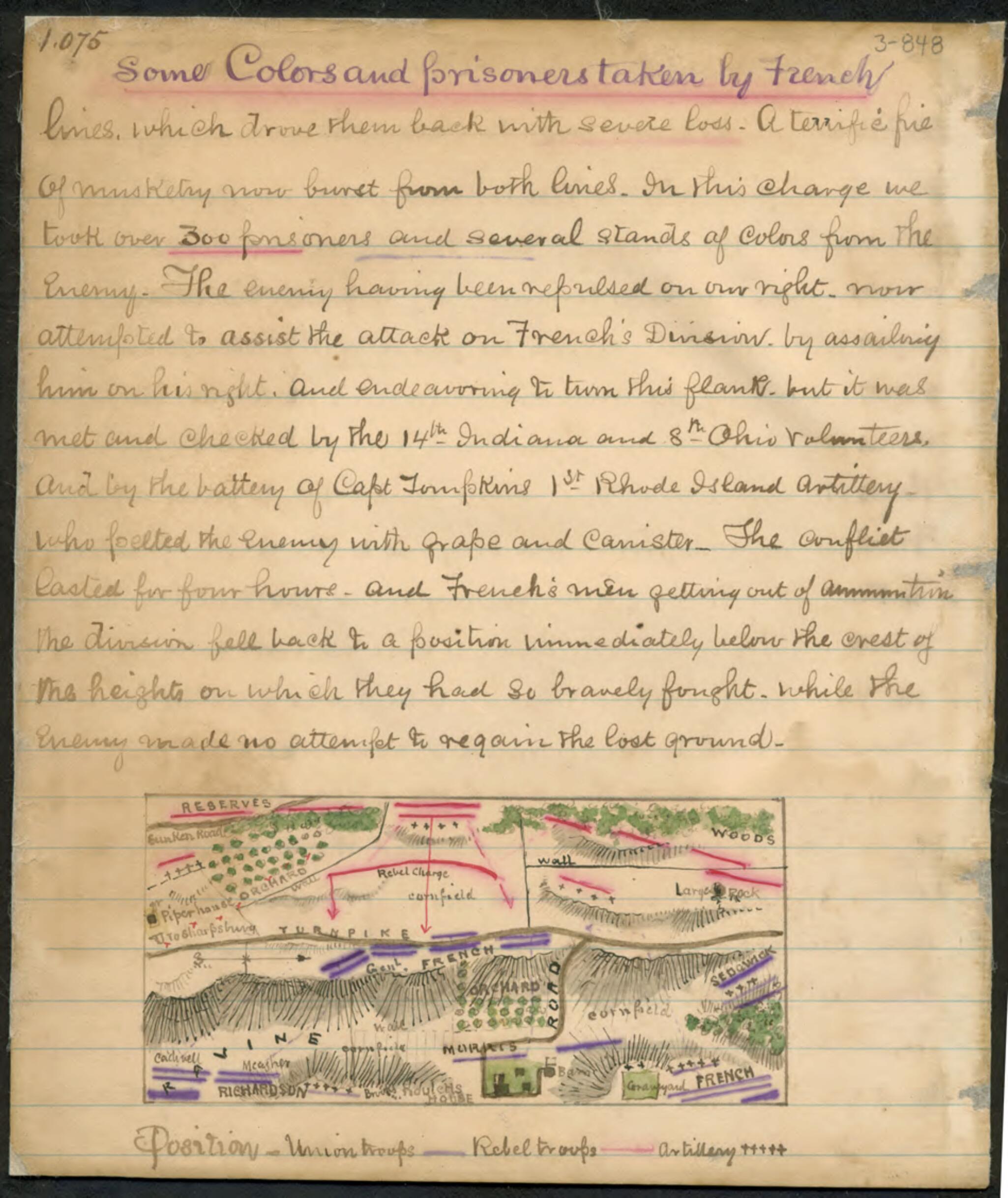 This old map of Some Colors and Prisoners Taken by French : map of Action Around Washington Heights, Sharpsburg, Md. from 09-17 was created by Robert Knox Sneden in 09-17