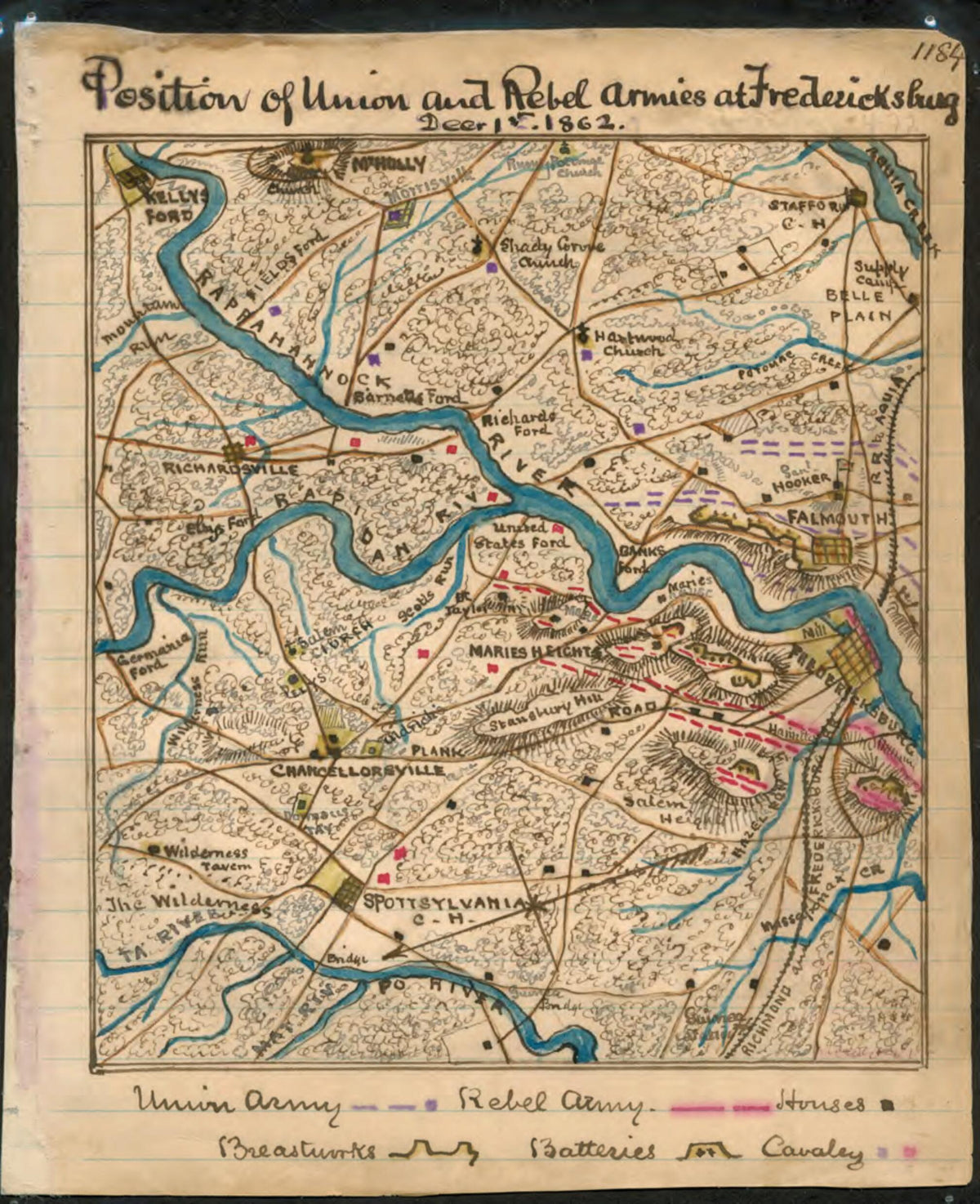 Position of Union and Rebel Armies at Fredericksburg, Decr. 1st 1862 12-01 by Relic Map Company