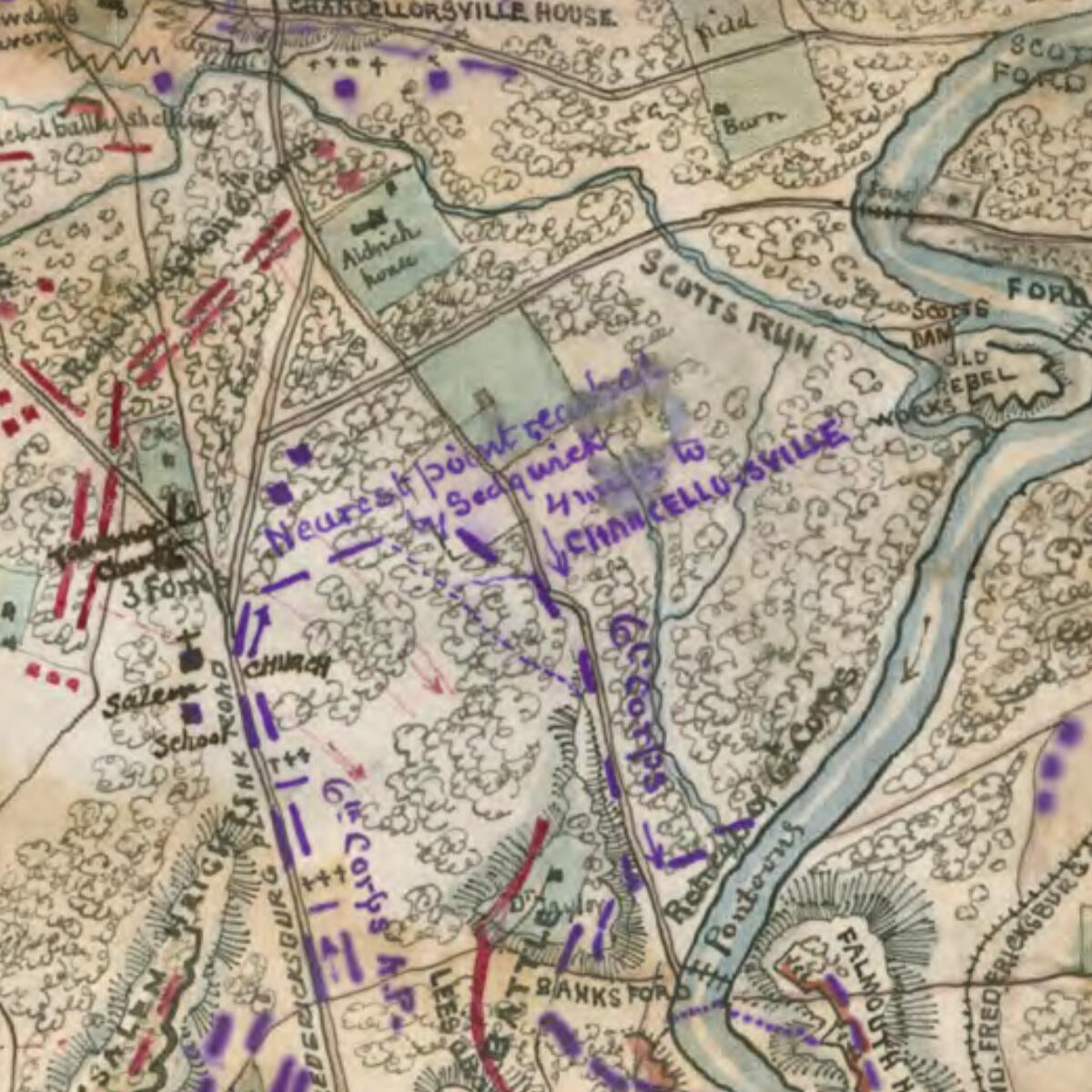 This old map of Map Shewing sic Advance of 6th Army Corps (Genl. John Sedgwick U.S.A.) to Assist Gen. Hooker at Chancellorsville from 1863 was created by Robert Knox Sneden in 1863