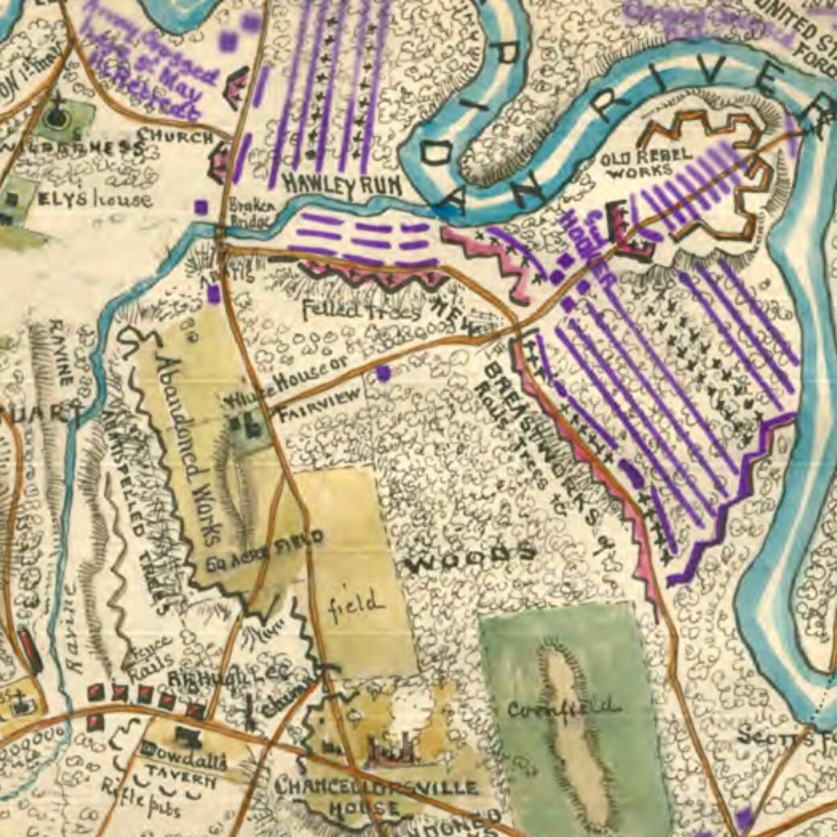 This old map of Position of Union and Rebel Armies Near Chancellorsville May 4th 1863 from 05-04 was created by Robert Knox Sneden in 05-04