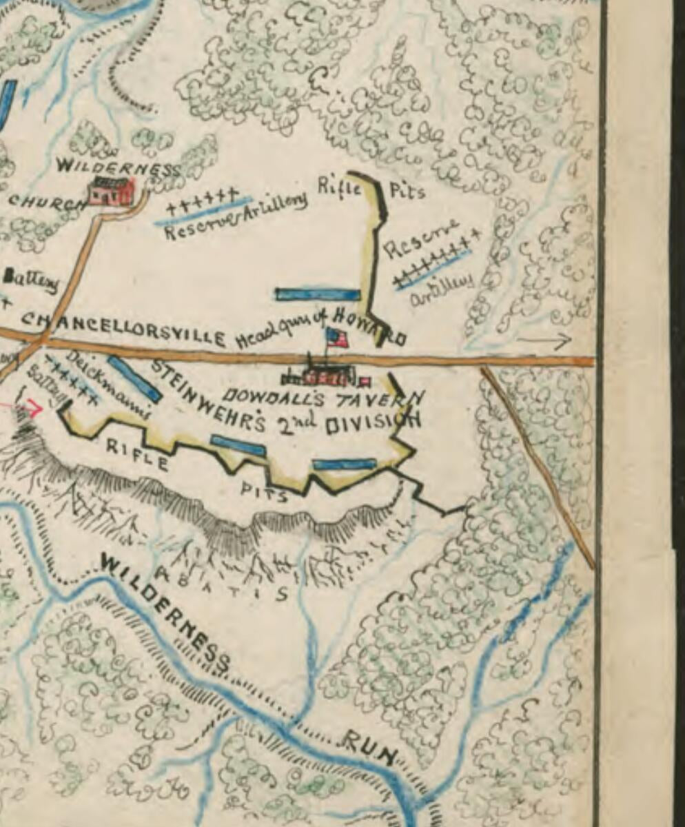 This old map of Chancellorsville, Va. Position of the 11th Corps at 6 P.m. May 2nd 1863 Maj Genl O.O. Howard Commanding from 05-02 was created by Robert Knox Sneden in 05-02