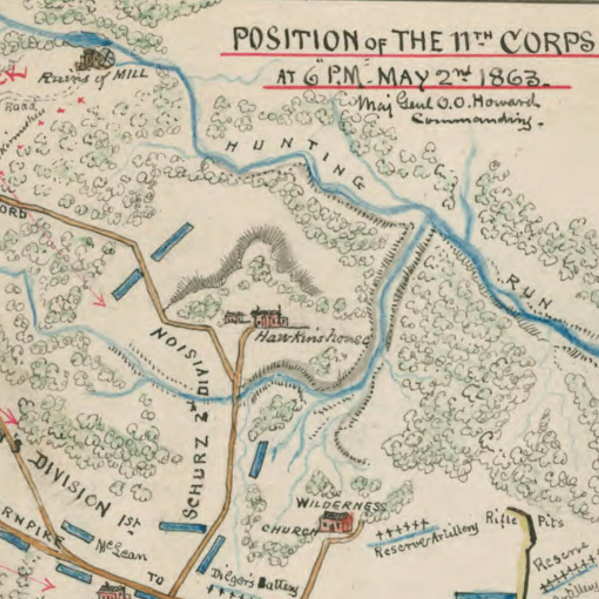 This old map of Chancellorsville, Va. Position of the 11th Corps at 6 P.m. May 2nd 1863 Maj Genl O.O. Howard Commanding from 05-02 was created by Robert Knox Sneden in 05-02