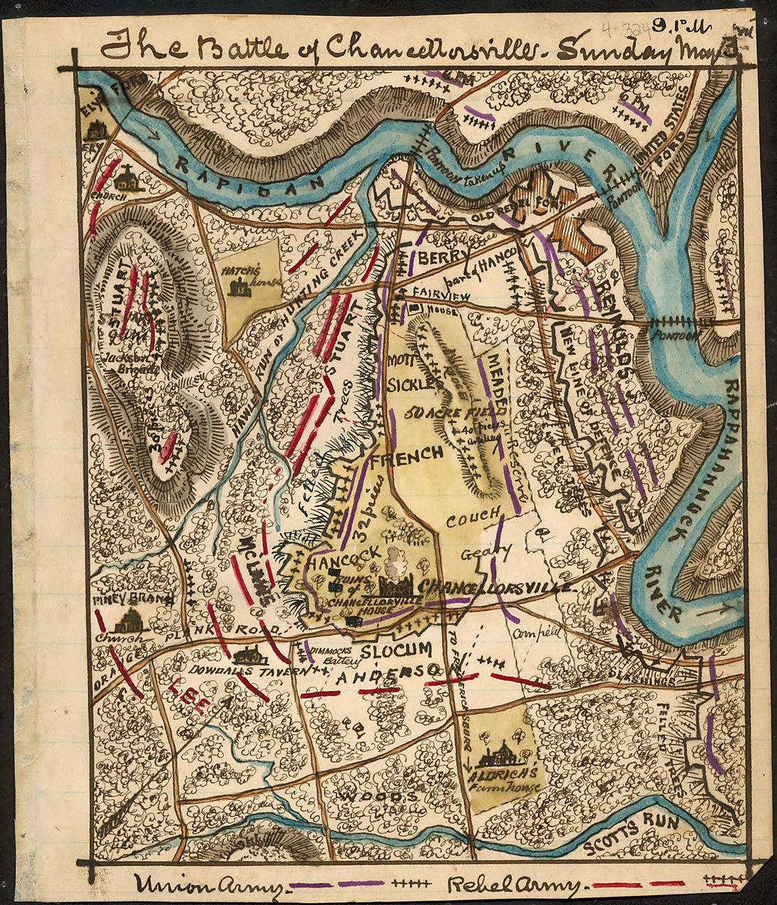 This old map of The Battle of Chancellorsville, Sunday May 3rd 9 P.m from 05-03 was created by Robert Knox Sneden in 05-03