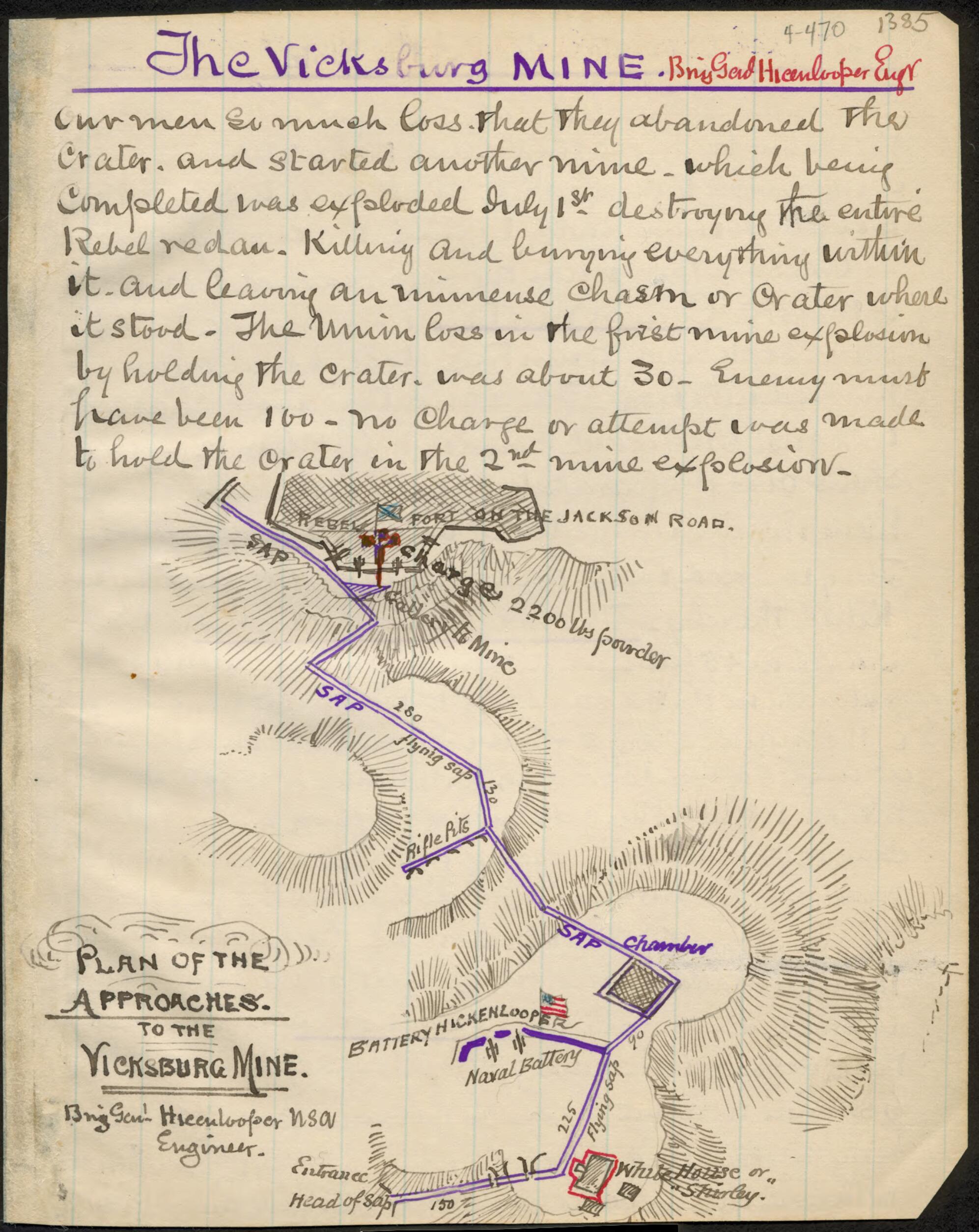 This old map of Plan of Approaches to the Vicksburg Mine from 07-01 was created by Robert Knox Sneden in 07-01
