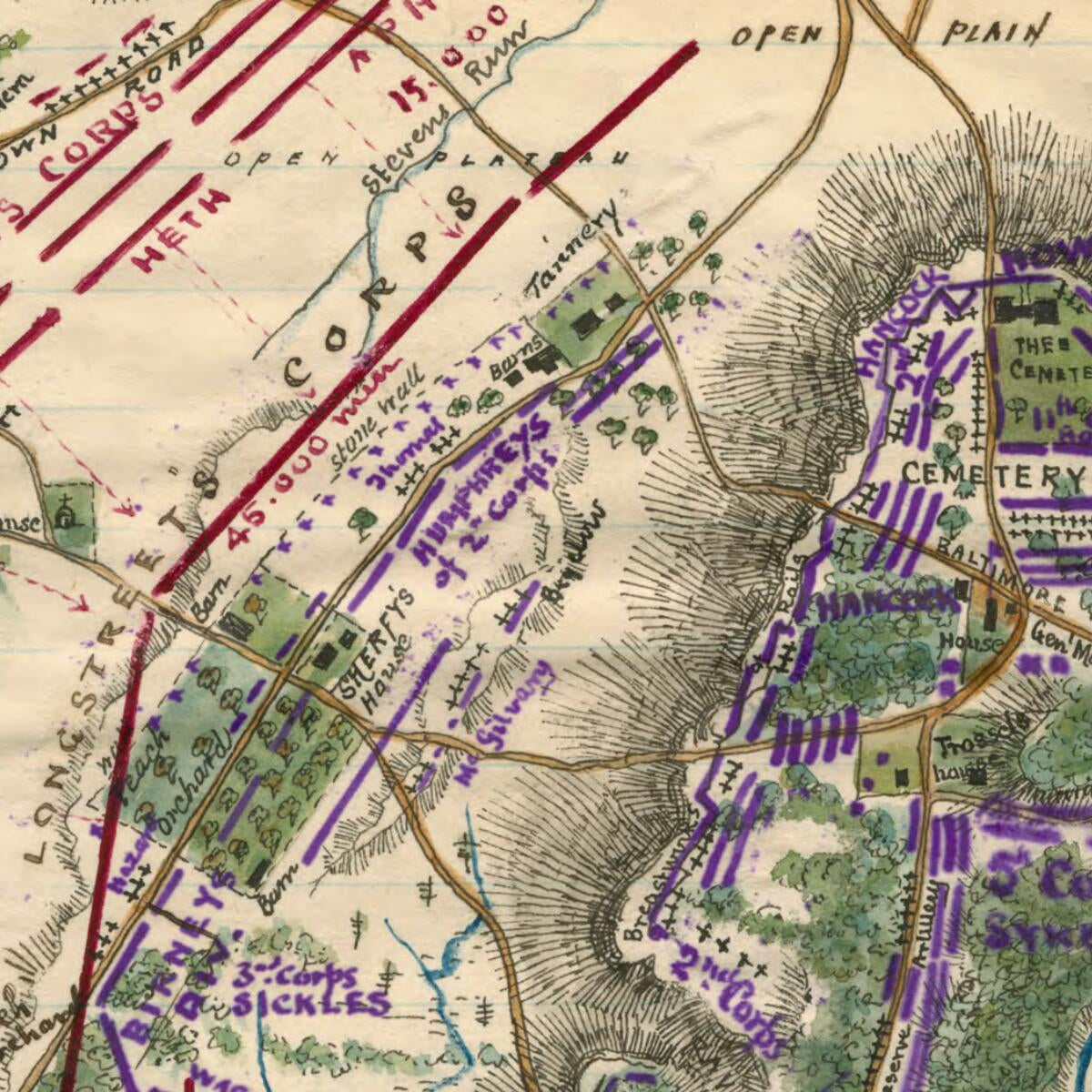 This old map of Plan Shewing sic the Rebel Concentrated Assault On the 3rd Corps, July 2nd from 07-02 was created by Robert Knox Sneden in 07-02