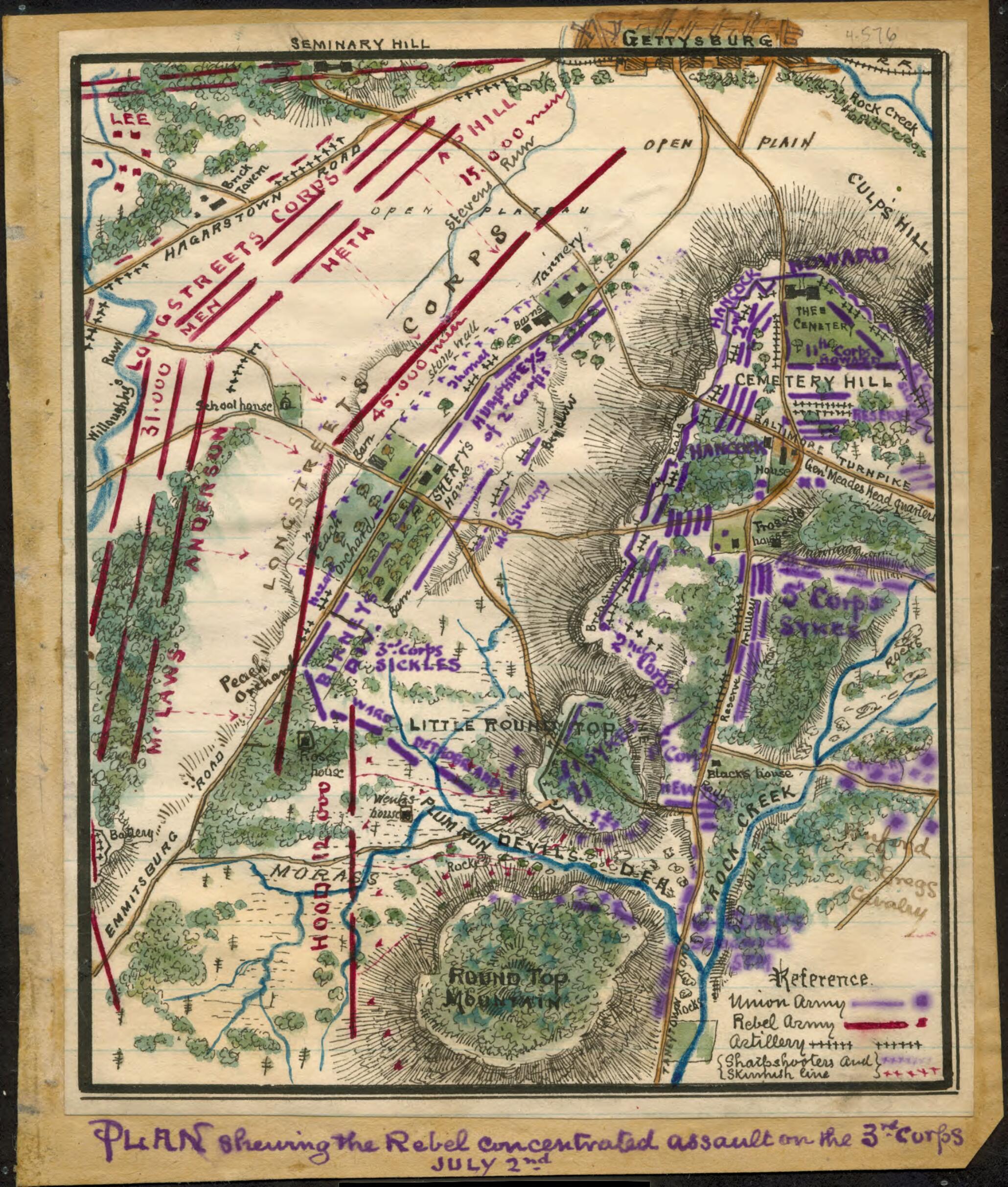 This old map of Plan Shewing sic the Rebel Concentrated Assault On the 3rd Corps, July 2nd from 07-02 was created by Robert Knox Sneden in 07-02