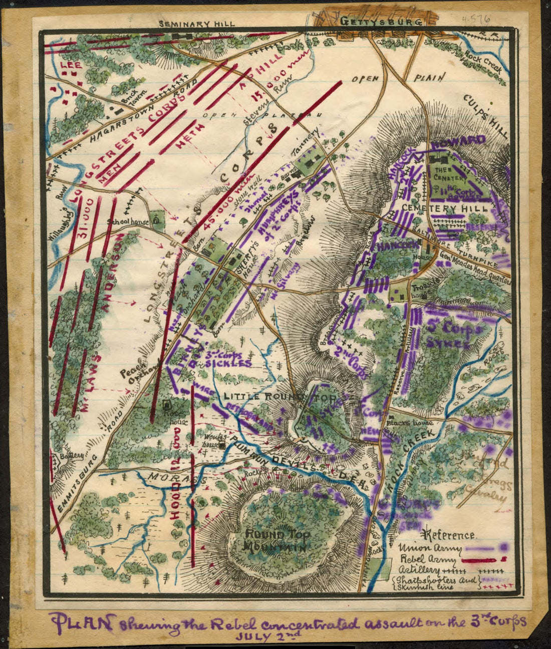 This old map of Plan Shewing sic the Rebel Concentrated Assault On the 3rd Corps, July 2nd from 07-02 was created by Robert Knox Sneden in 07-02