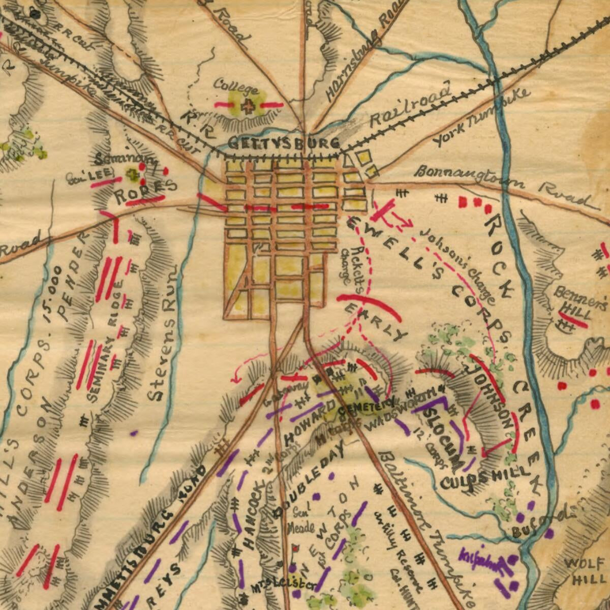 This old map of Map of the Battle of Gettysburg, Penna. : Showing Positions Held July 2nd 1863 from 07-02 was created by William H. Paine, Robert Knox Sneden in 07-02