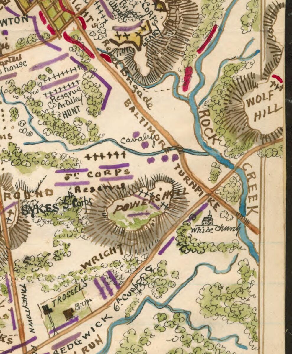 This old map of Gettysburg July 2nd the Union and Rebel Forces In the Cemetery from 07-02 was created by Robert Knox Sneden in 07-02
