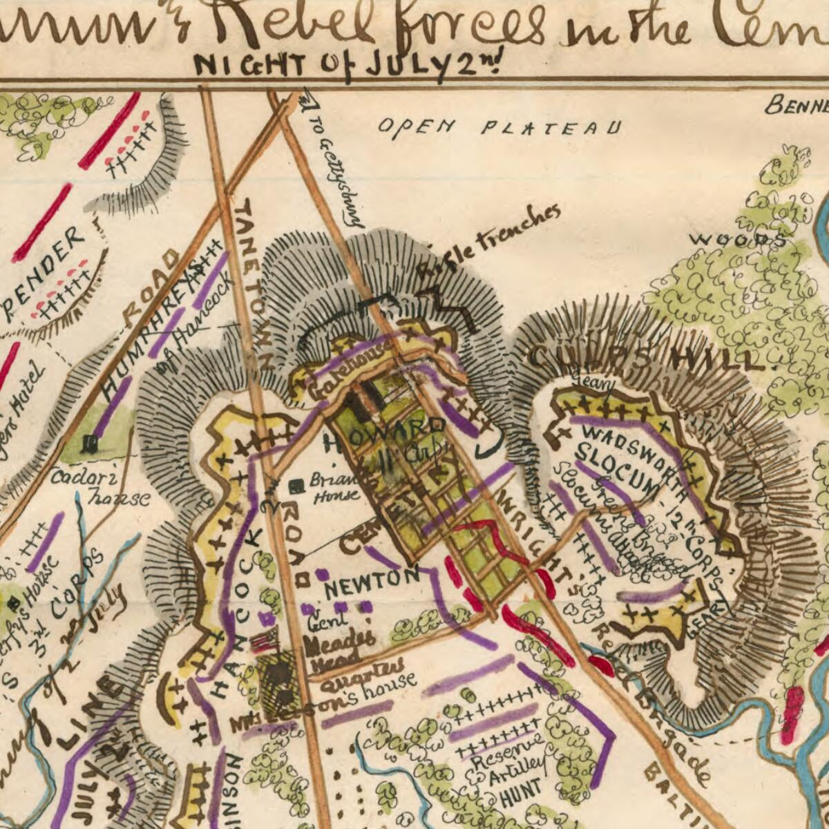 This old map of Gettysburg July 2nd the Union and Rebel Forces In the Cemetery from 07-02 was created by Robert Knox Sneden in 07-02