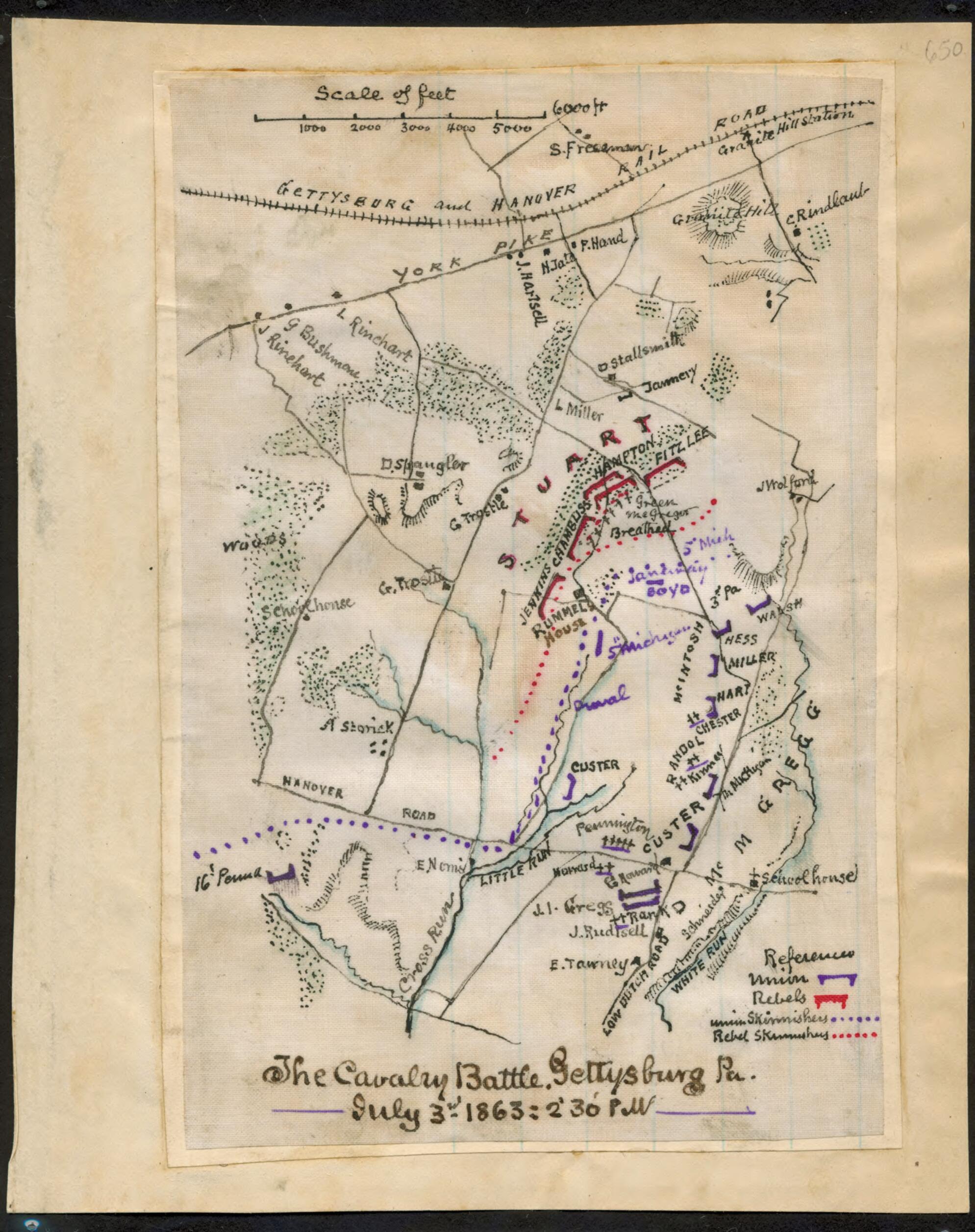 This old map of The Cavalry Battle, Gettysburg, Pennsylvania July 3rd 1863, 2:30 P.m from 07-03 was created by Robert Knox Sneden in 07-03