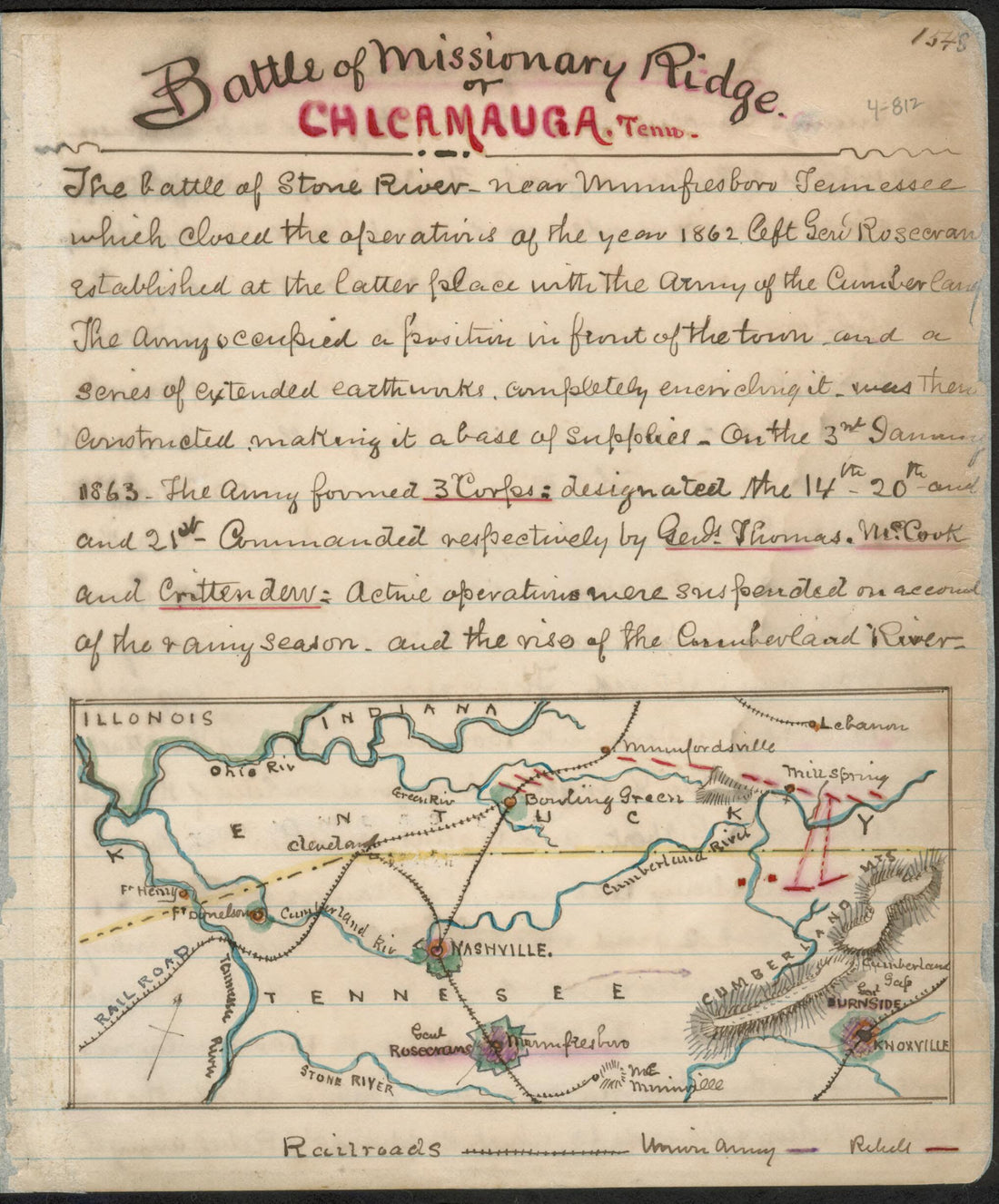 This old map of Battle of Missionary Ridge Or Chickamauga, Tennessee from 1861 was created by Robert Knox Sneden in 1861