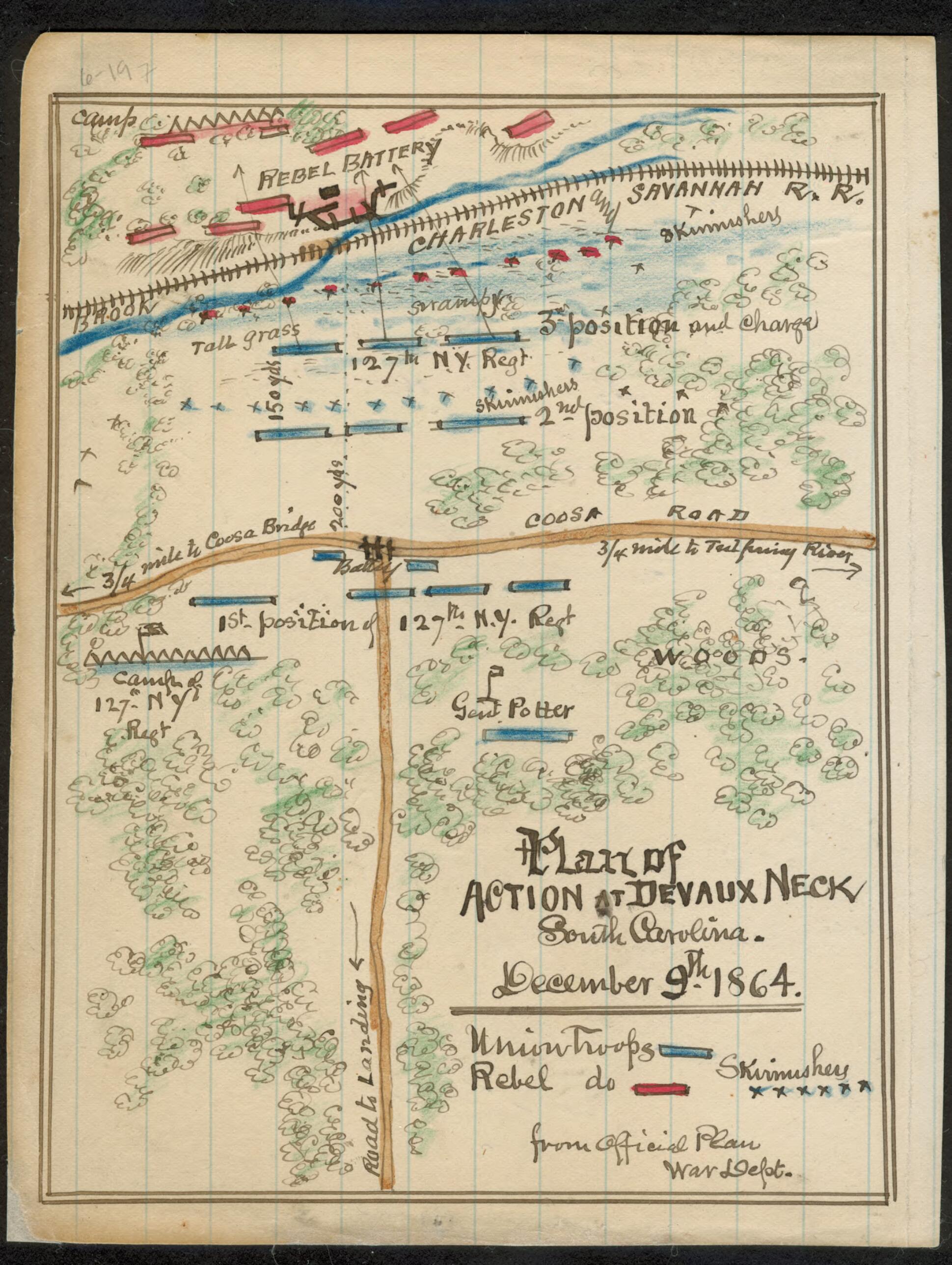 This old map of Plan of Action at Devaux Neck South Carolina. December 9th 1864 from 12-09 was created by Robert Knox Sneden in 12-09