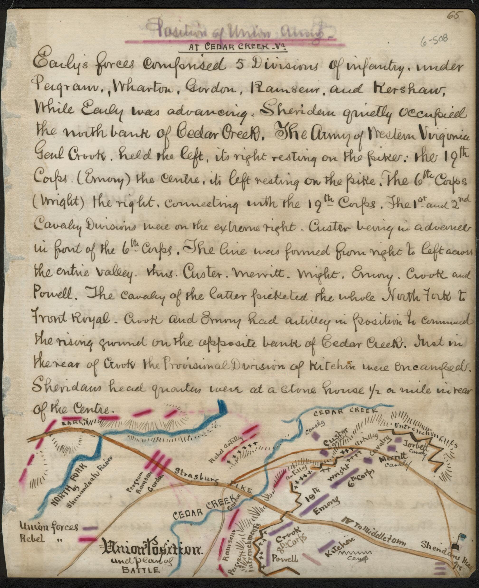 This old map of Position of Union Army at Cedar Creek Union Position and Plan of Battle from 1861 was created by Robert Knox Sneden in 1861