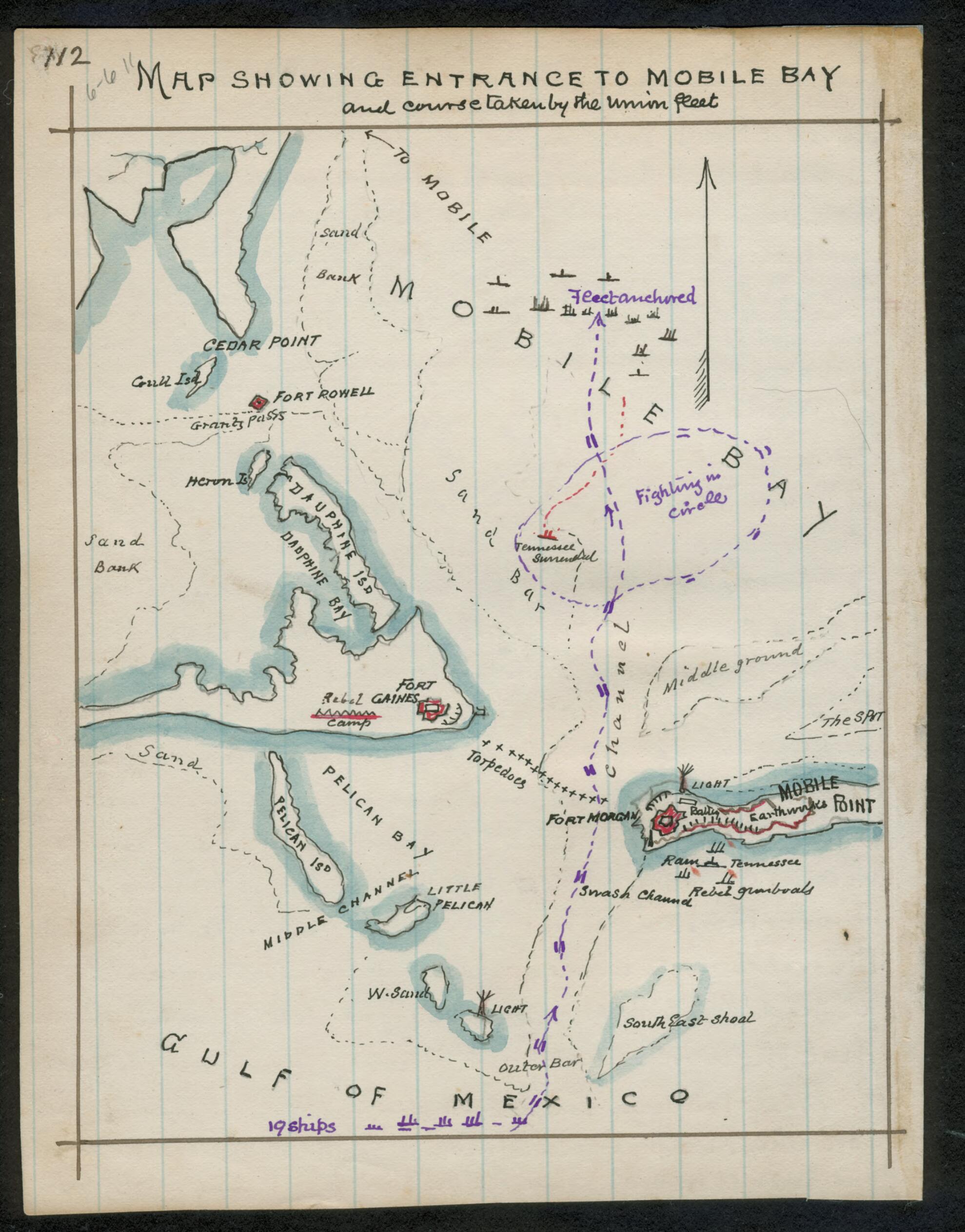 This old map of Map Showing Entrance to Mobile Bay and Course Taken by Union Fleet from 08-05 was created by Robert Knox Sneden in 08-05