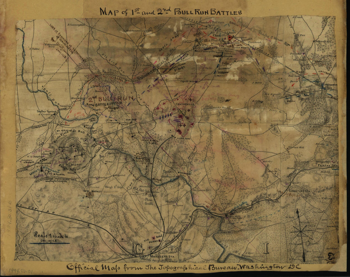 Map of 1st and 2nd Bull Run Battles. Official Map from the Topographical Bureau, Washington, D.C 1862 by Relic Map Company