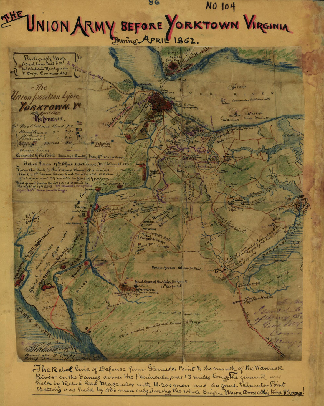 This old map of The Union Position Before Yorktown, Va., 18th April from 1862 was created by Robert Knox Sneden in 1862