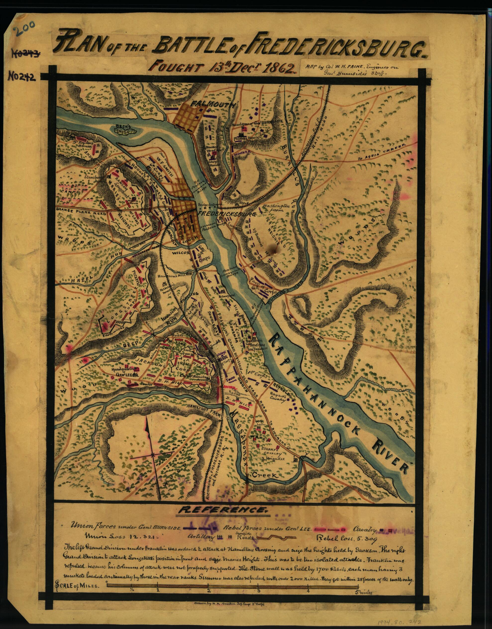 This old map of Plan of the Battle of Fredericksburg. Fought 13th Decr. 1862 from 12-13 was created by William H. Paine, Robert Knox Sneden in 12-13
