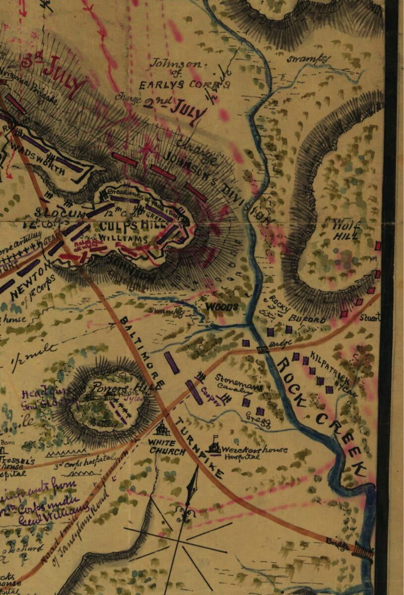 This old map of The Battle of Gettysburg Penna. Showing Positions Held July 2nd, 1863 from 07-02 was created by Robert Knox Sneden in 07-02