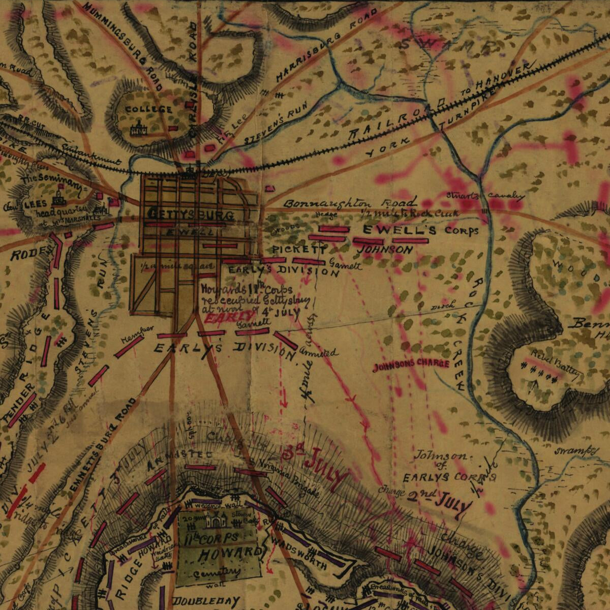 This old map of The Battle of Gettysburg Penna. Showing Positions Held July 2nd, 1863 from 07-02 was created by Robert Knox Sneden in 07-02
