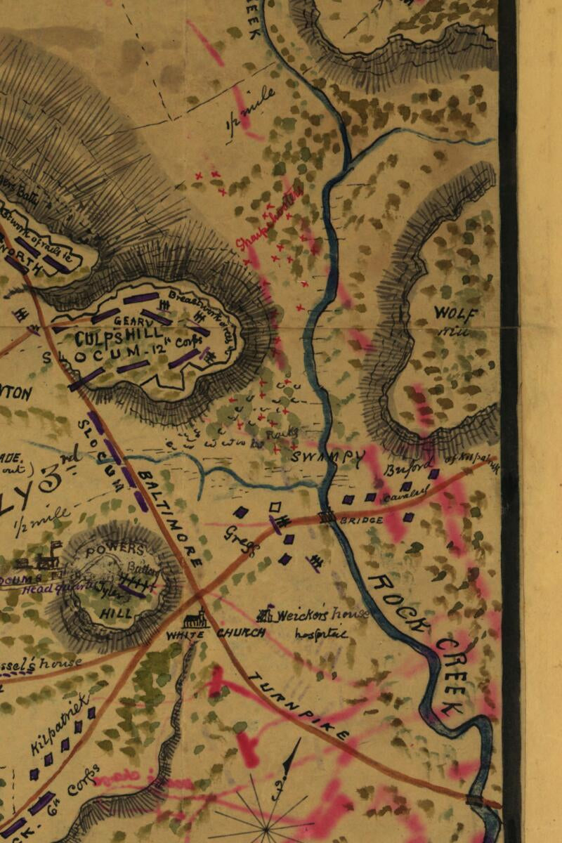 This old map of Battle of Gettysburg, Penna. Showing Positions Held 1st and 3rd July 1863 from 1862 was created by Robert Knox Sneden in 1862
