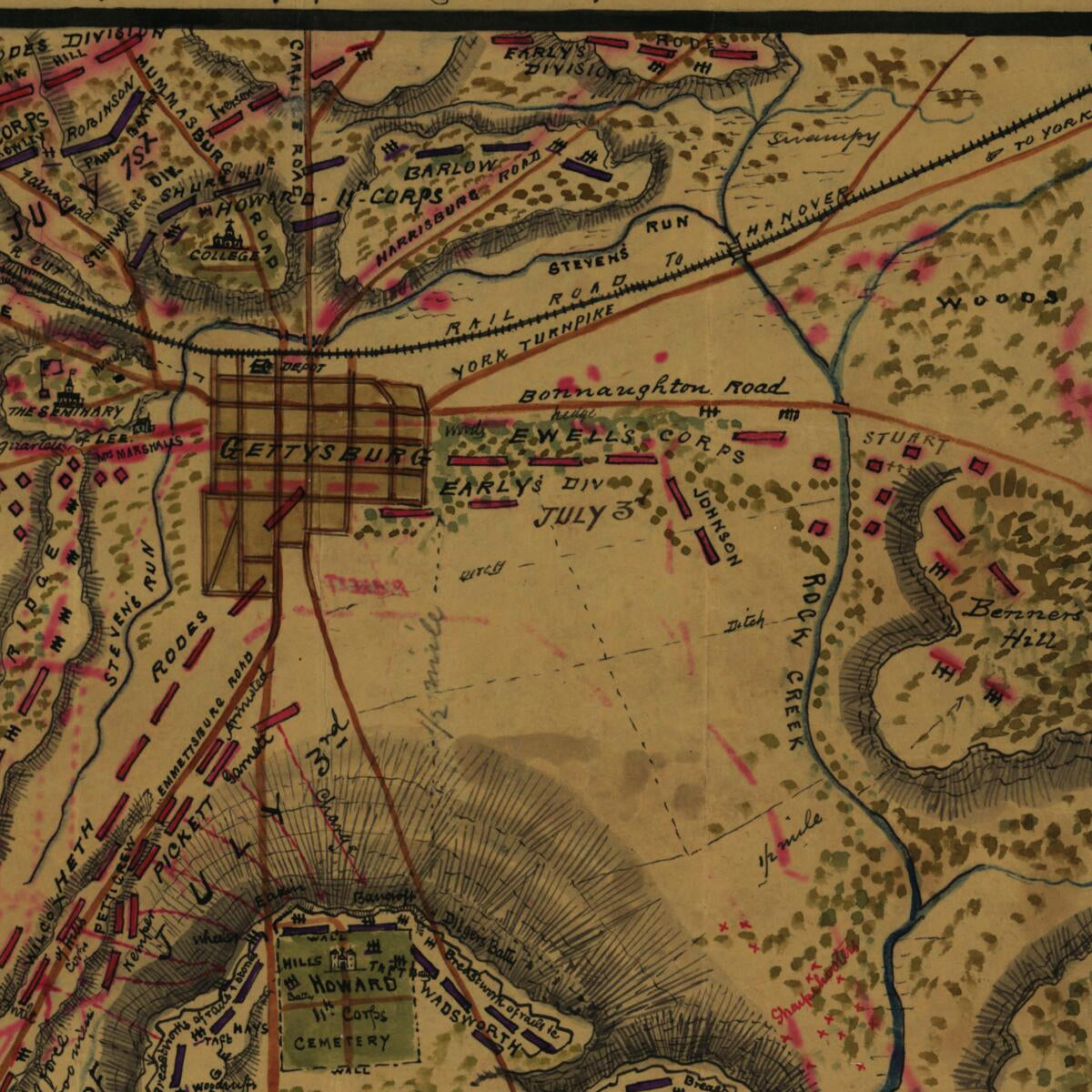 This old map of Battle of Gettysburg, Penna. Showing Positions Held 1st and 3rd July 1863 from 1862 was created by Robert Knox Sneden in 1862