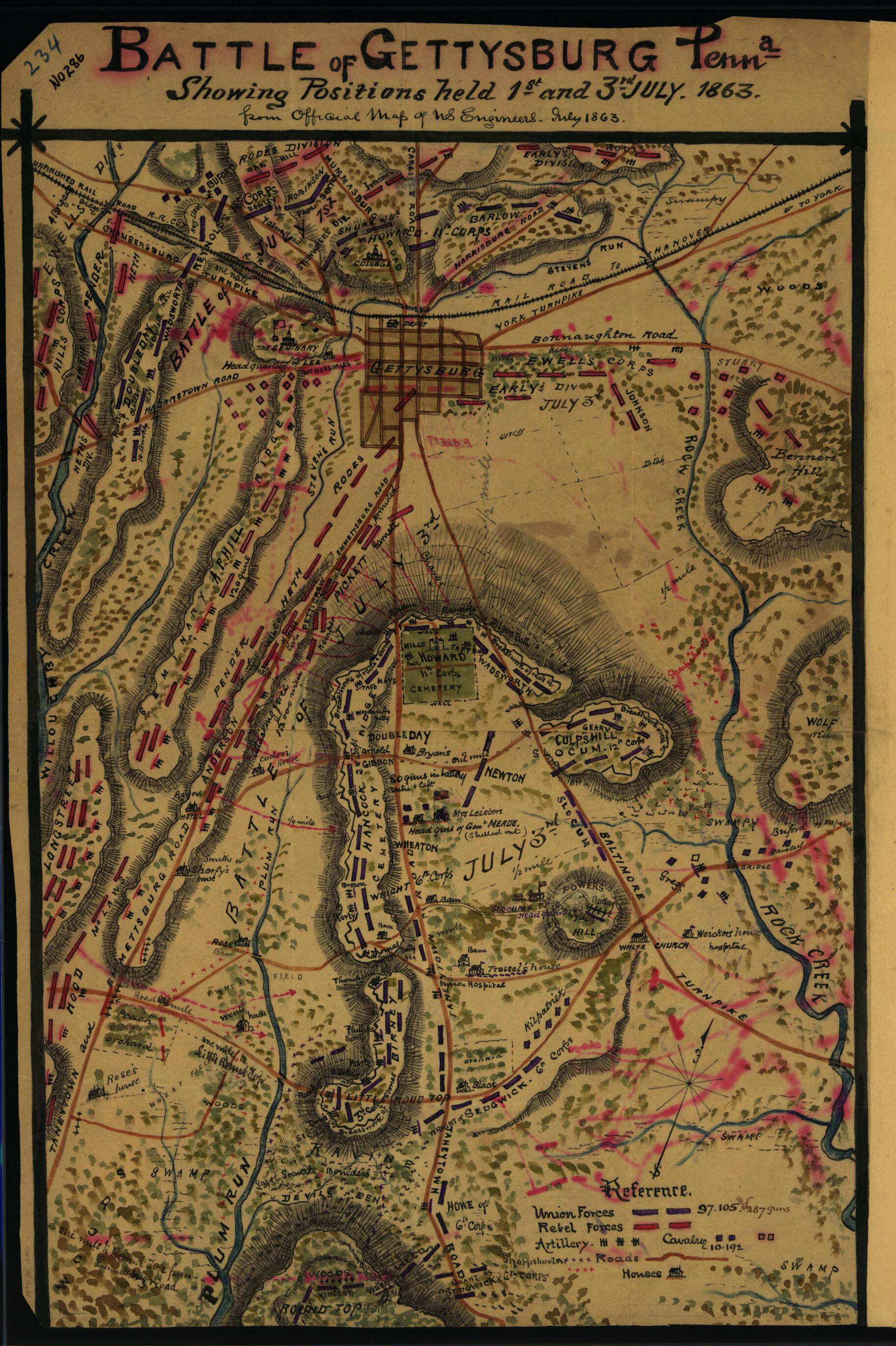 This old map of Battle of Gettysburg, Penna. Showing Positions Held 1st and 3rd July 1863 from 1862 was created by Robert Knox Sneden in 1862