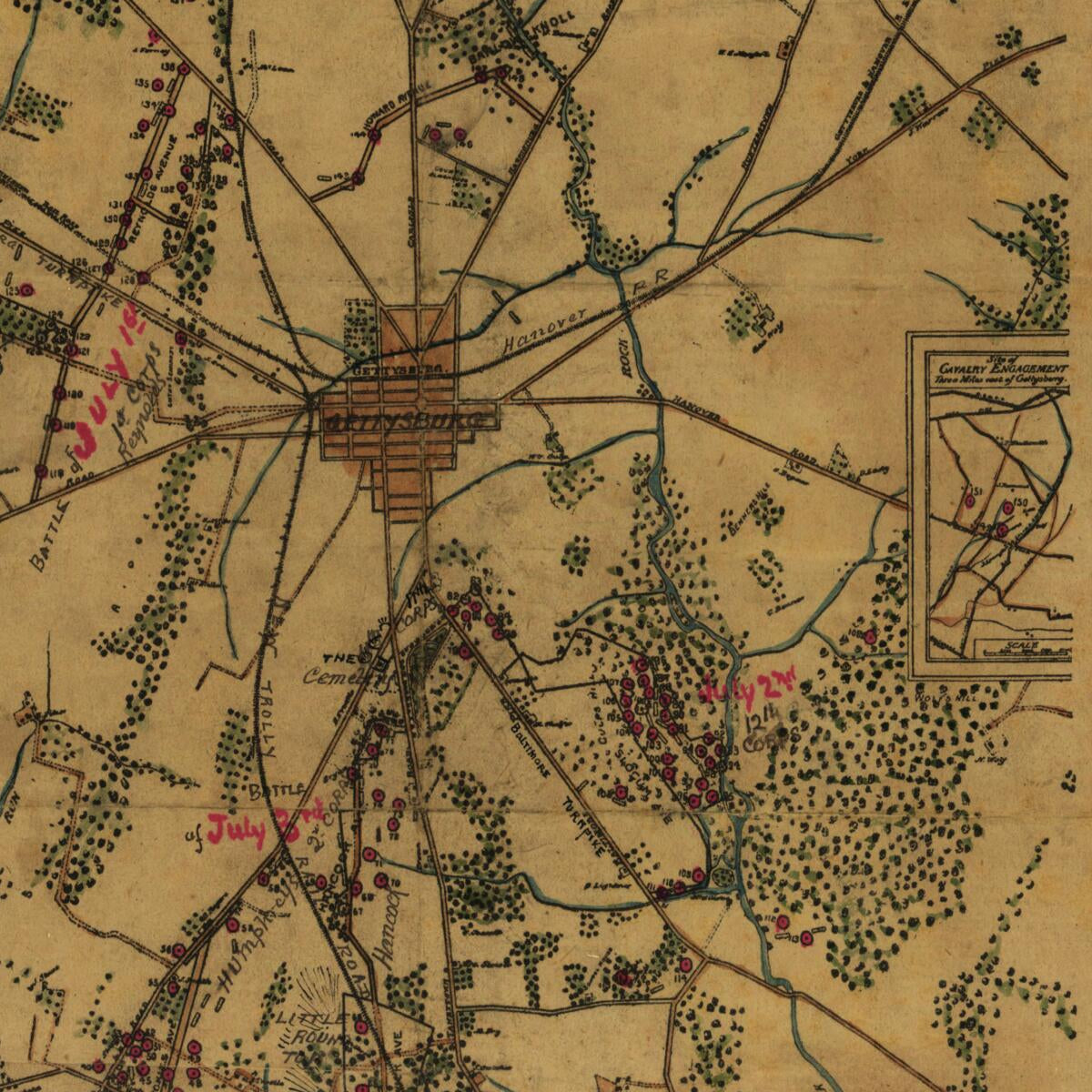 This old map of Gettysburg In Peace from 1863 was created by Robert Knox Sneden in 1863