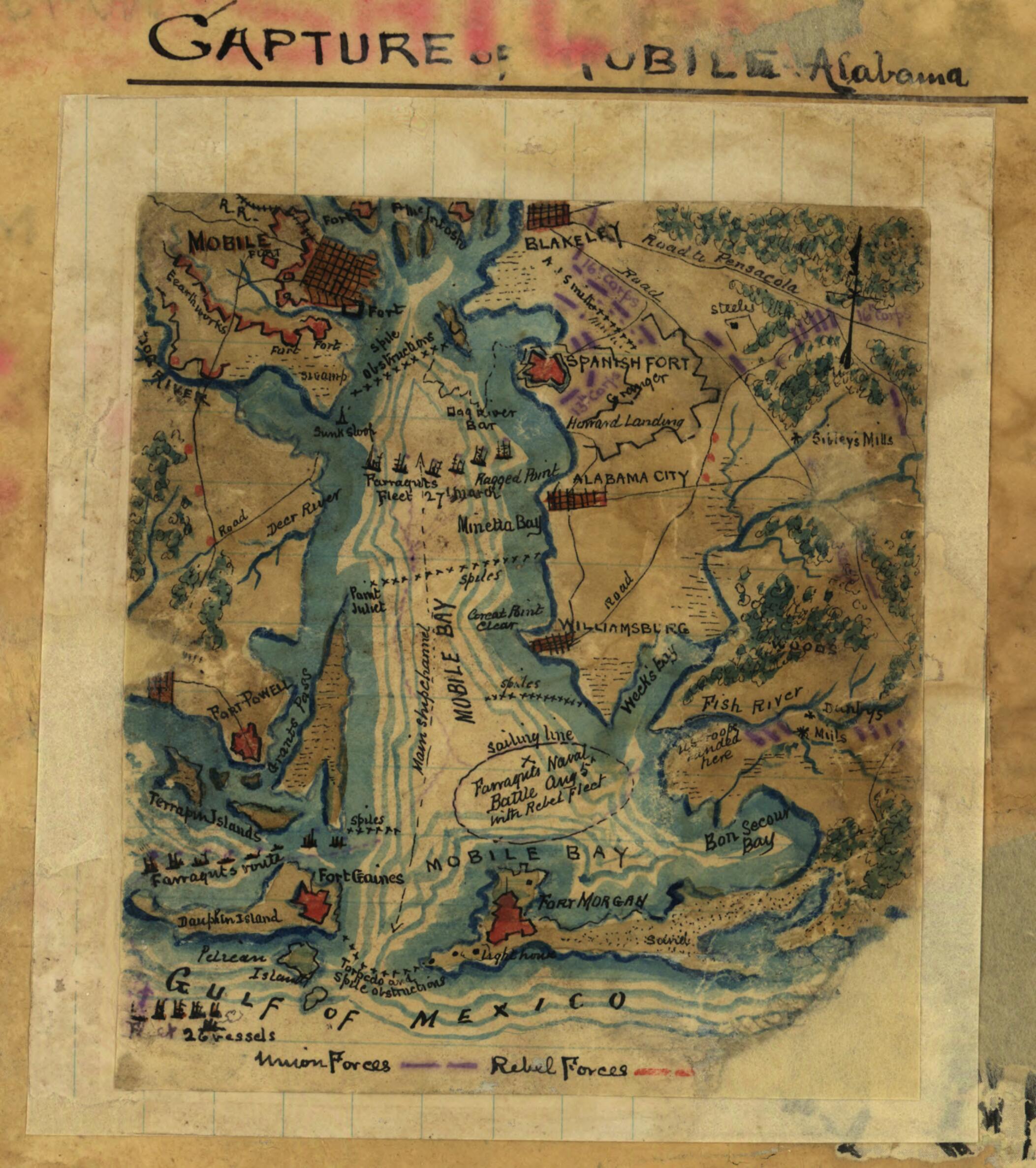 This old map of Capture of Mobile, Alabama from 1861 was created by Robert Knox Sneden in 1861