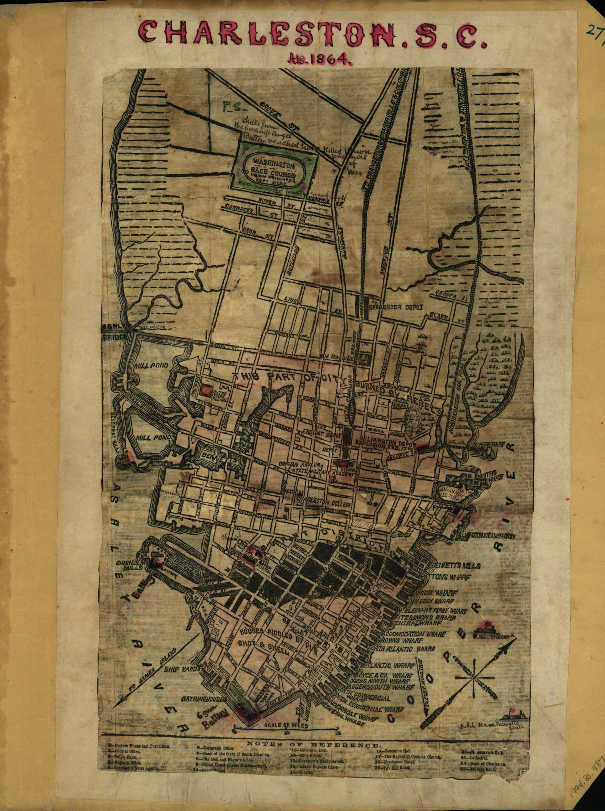 This old map of Charleston S.C., A.D. from 1864 was created by Robert Knox Sneden in 1864