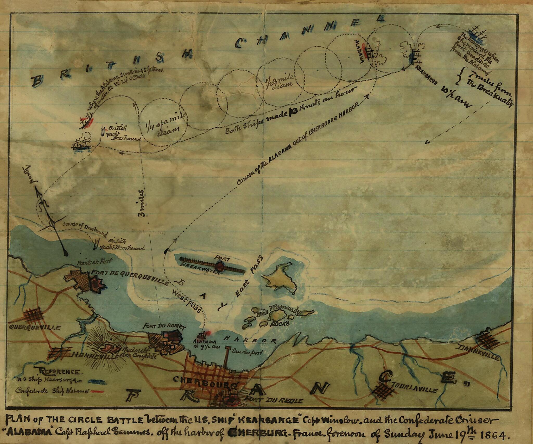 This old map of Plan of the Circle Battle Between the U.S. Ship Keasarge, Capt. Winslow, and the Confederate Cruiser Alabama, Capt. Raphael Semmes, Off the Harbor of Cherbourg, France : Forenoon of Sunday June 19th 1864 from 06-19 was created by Robert K