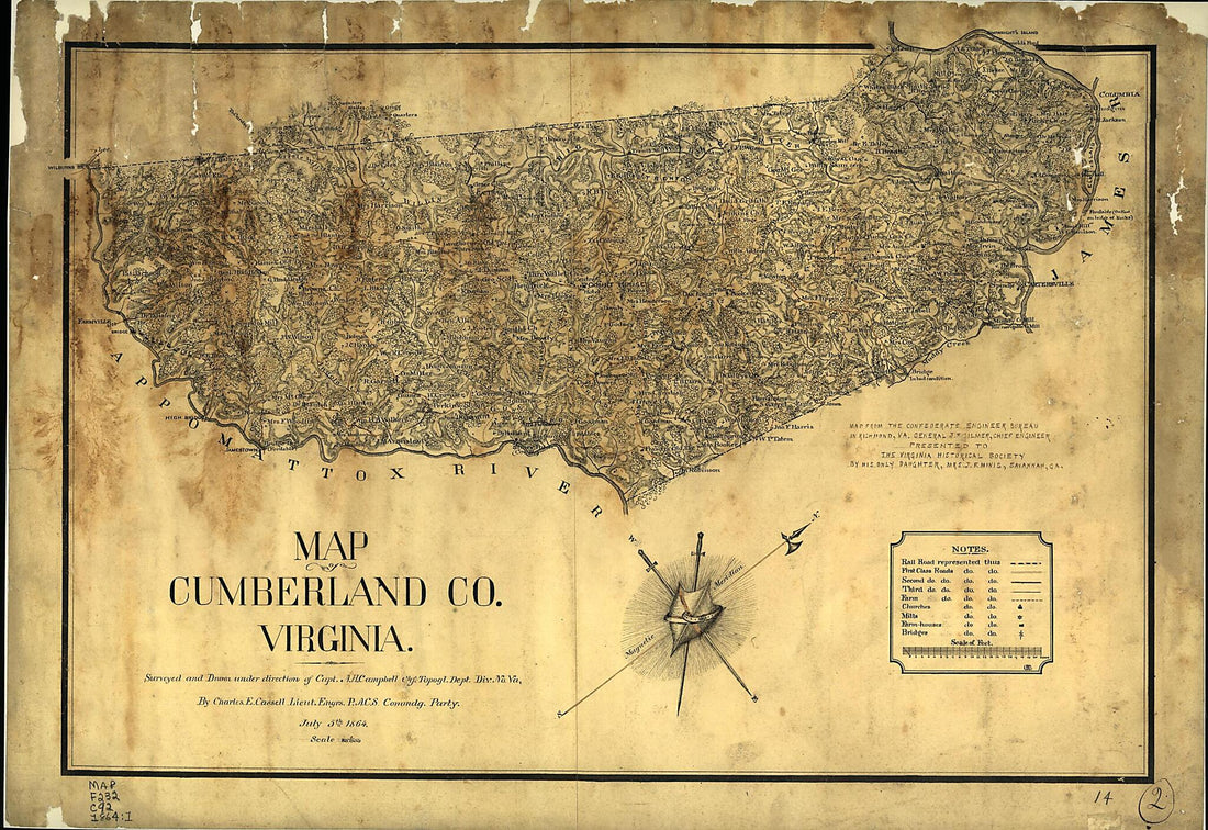 This old map of Map of Cumberland County, Virginia : Surveyed and Drawn Under Direction of Capt. A.H. Campbell Chf. Topogl. Dept. Div. No. Va from 1864 was created by Albert H. (Albert Henry) Campbell, Charles E. Cassell, Confederate States of America.