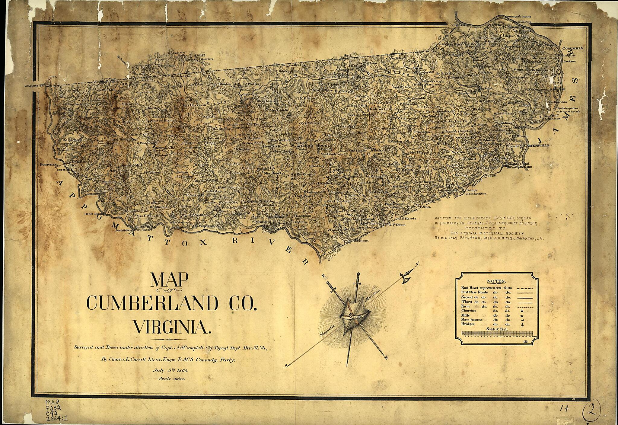 This old map of Map of Cumberland County, Virginia : Surveyed and Drawn Under Direction of Capt. A.H. Campbell Chf. Topogl. Dept. Div. No. Va from 1864 was created by Albert H. (Albert Henry) Campbell, Charles E. Cassell, Confederate States of America.