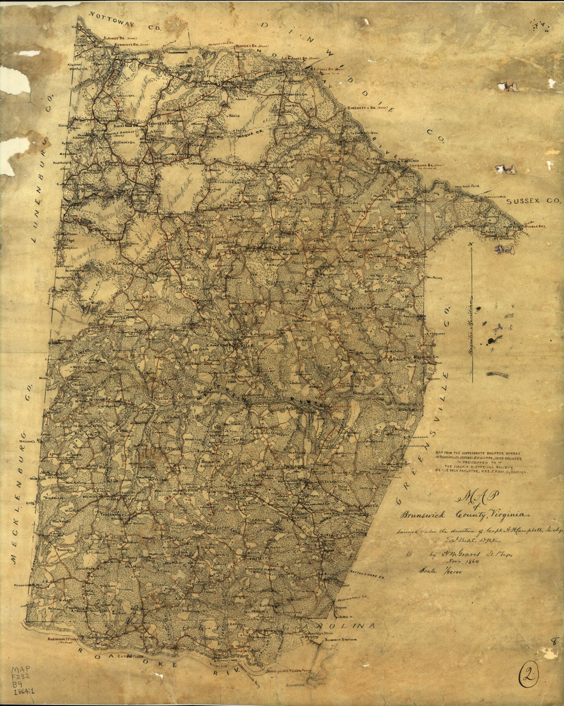 This old map of Map of Brunswick County, Virginia : Surveyed Top. Dept. Under the Direction of Capt. A.H. Campbell, In Charge D.N.V from 1864 was created by Albert H. (Albert Henry) Campbell, Confederate States of America. Army. Dept. Of Northern Virgin