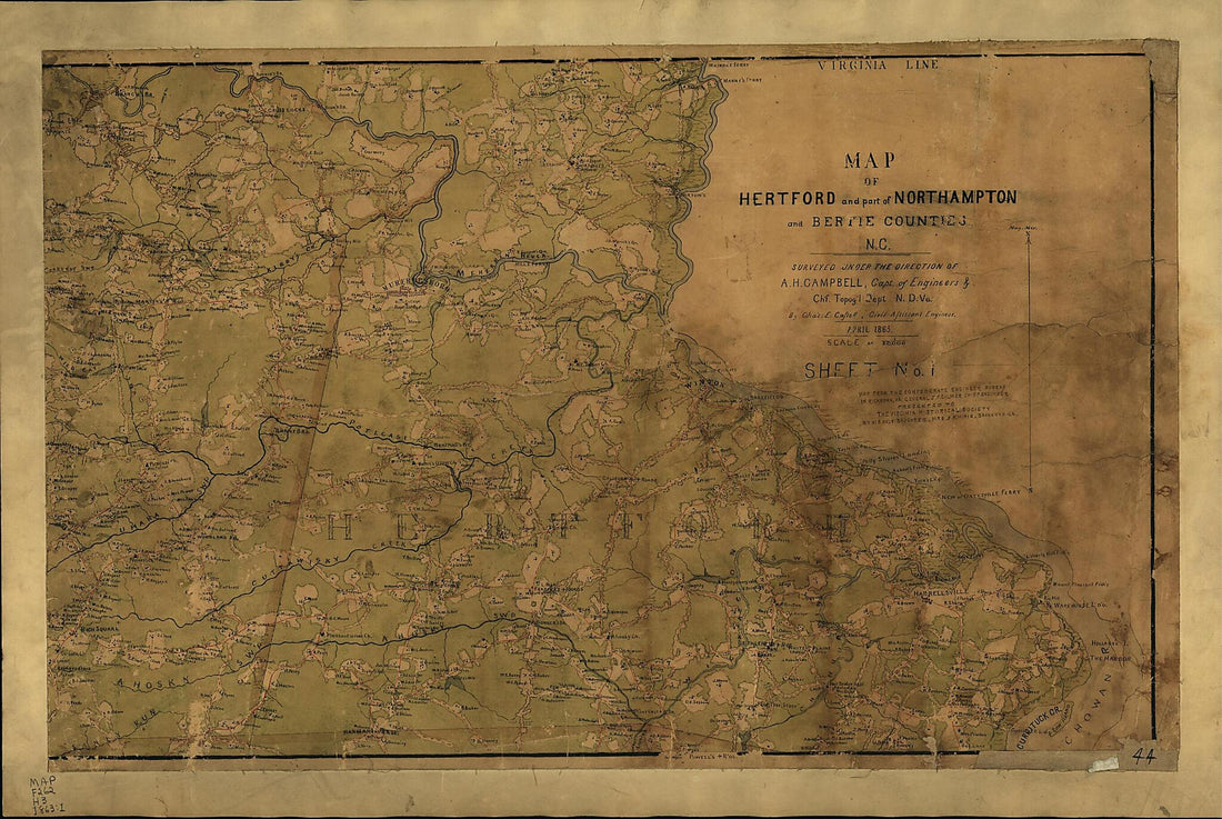 This old map of Map of Hertford and Part of Northampton and Bertie Counties, N.C. : Surveyed Under the Direction of A.H. Campbell, Capt. of Engineers & Ch&