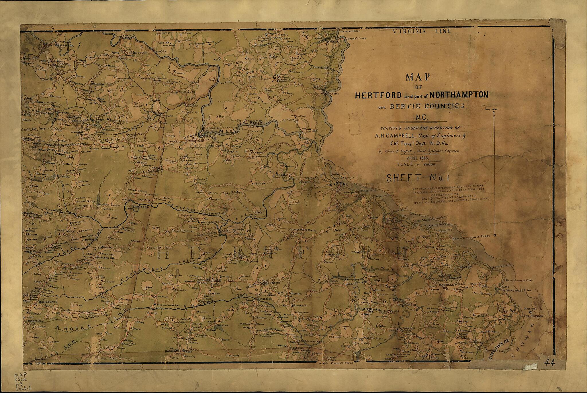 This old map of Map of Hertford and Part of Northampton and Bertie Counties, N.C. : Surveyed Under the Direction of A.H. Campbell, Capt. of Engineers & Ch&