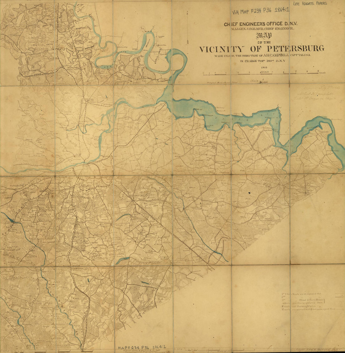 This old map of Map of the Vicinity of Petersburg : Made Under the Direction of A.H. Campbell, Captain, P.E., C.S.A., In Charge Topl. Dept., D.N.V from 1864 was created by Albert H. (Albert Henry) Campbell, Confederate States of America. Army. Dept. Of