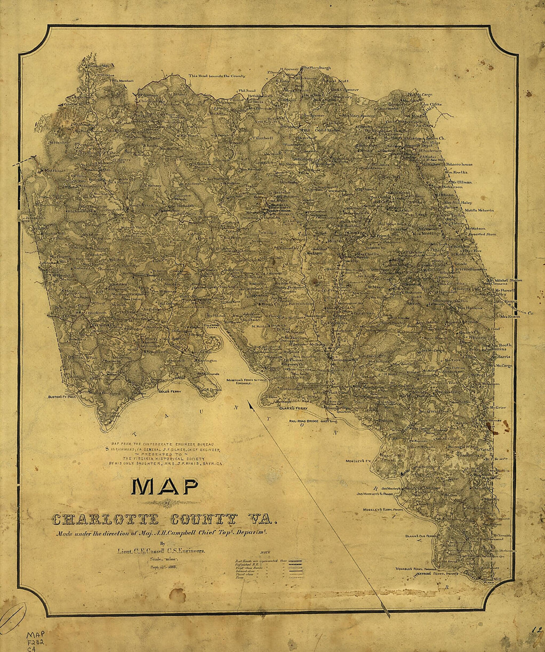 This old map of Map of Charlotte County, Va from 1864 was created by Albert H. (Albert Henry) Campbell, Charles E. Cassell, Confederate States of America. Army. Dept. Of Northern Virginia. Chief Engineer&