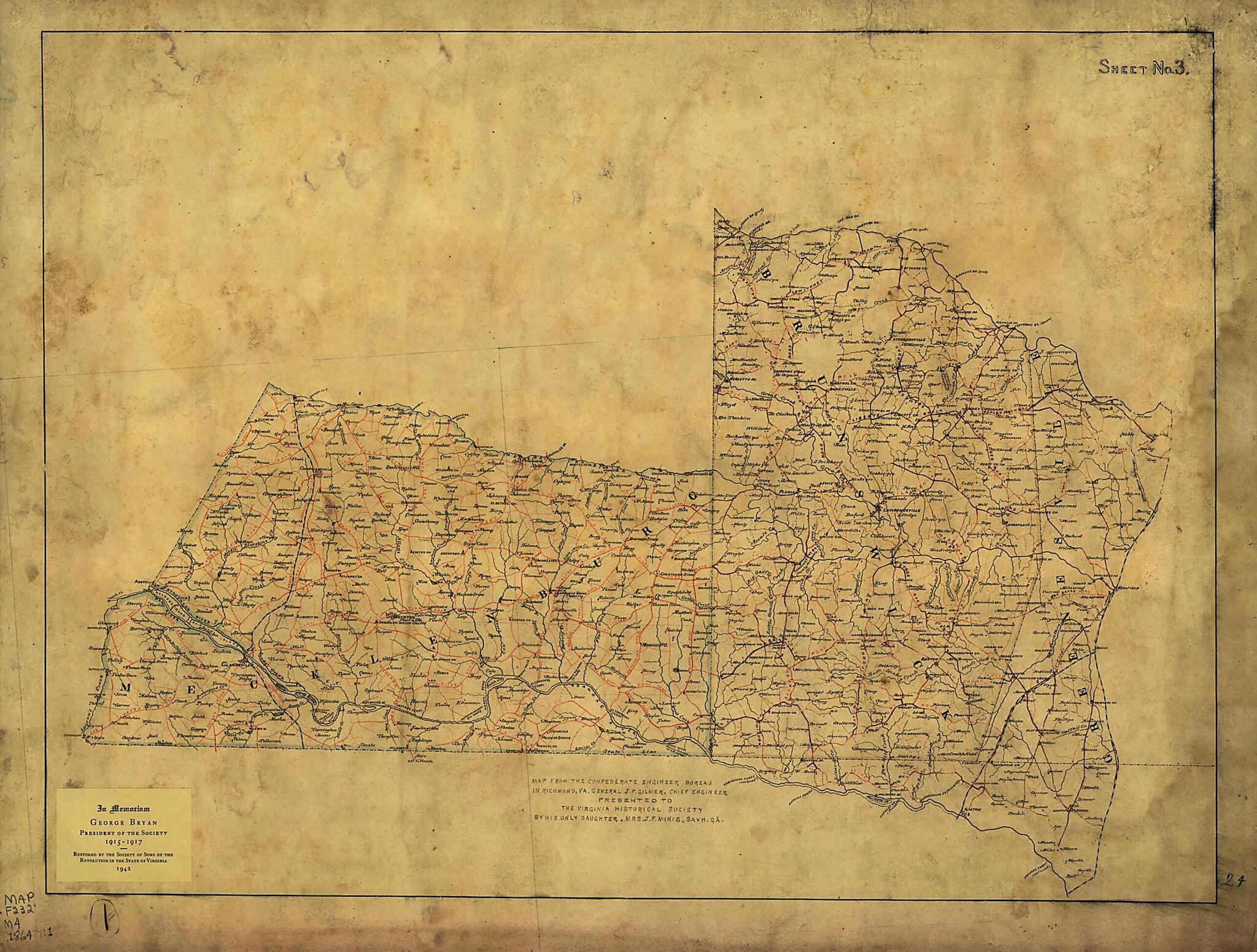 This old map of Map of Mecklensburg, Brunswick and Greensville Counties, Va. : Sheet No. 3 from 1864 was created by Confederate States of America. Army. Dept. Of Northern Virginia. Chief Engineer&