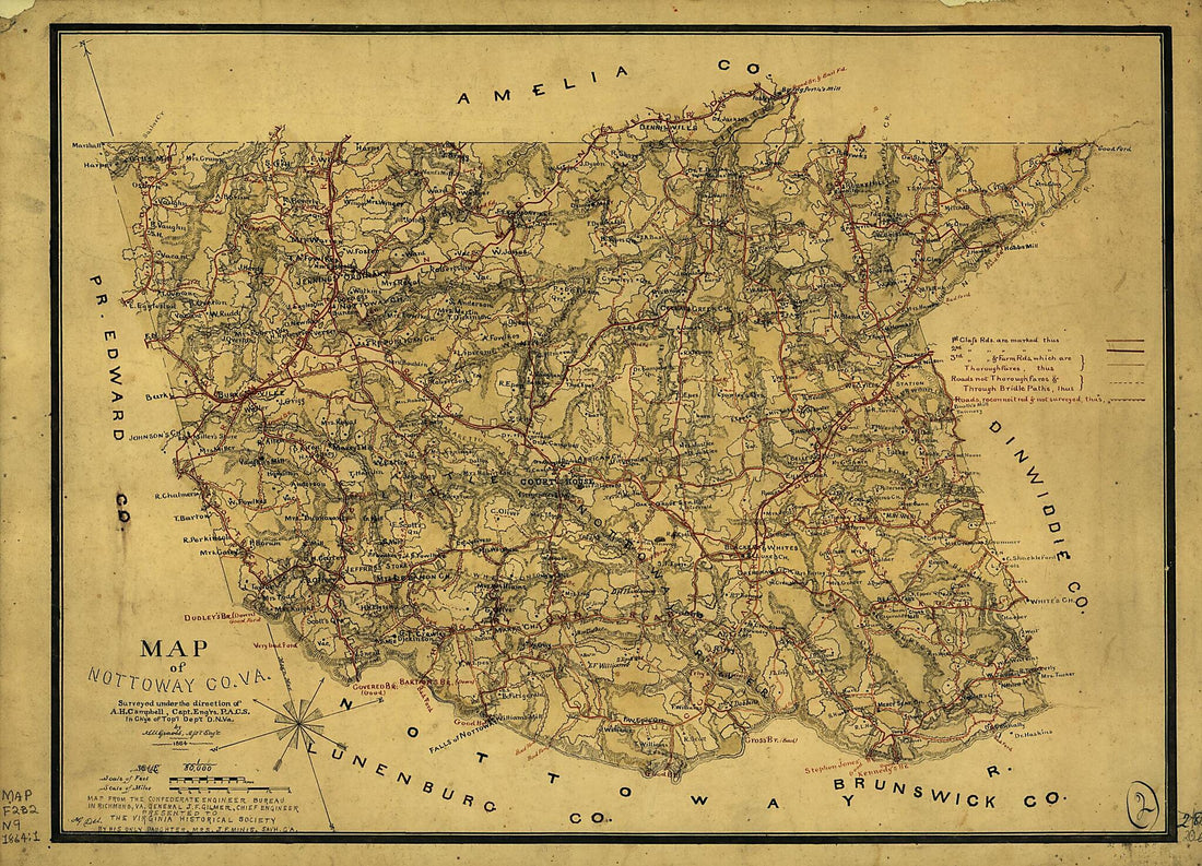 This old map of Map of Nottoway County, Va. (Map of Nottoway County, Va.) from 1864 was created by Albert H. (Albert Henry) Campbell, Confederate States of America. Army. Dept. Of Northern Virginia. Chief Engineer&