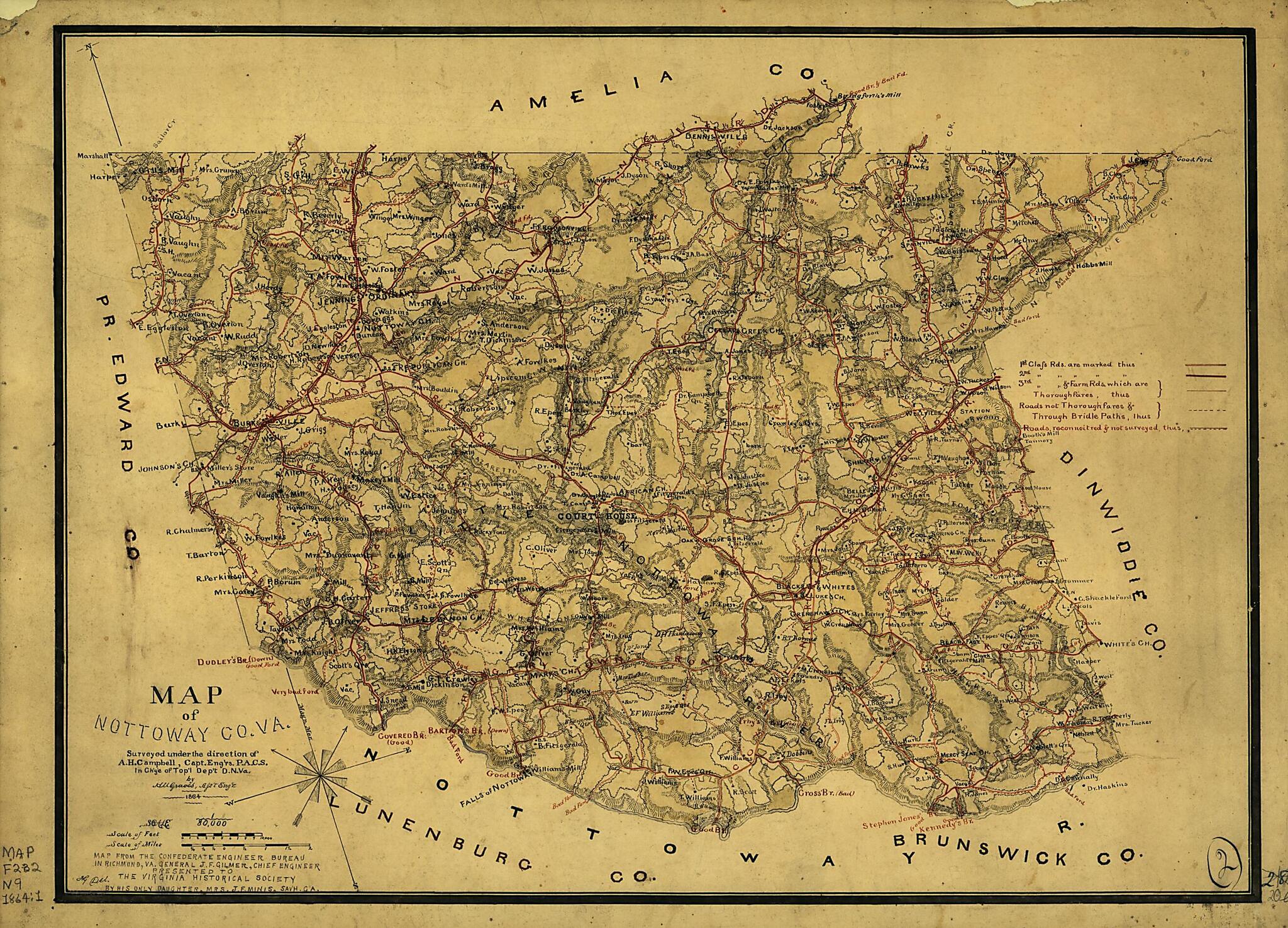 This old map of Map of Nottoway County, Va. (Map of Nottoway County, Va.) from 1864 was created by Albert H. (Albert Henry) Campbell, Confederate States of America. Army. Dept. Of Northern Virginia. Chief Engineer&