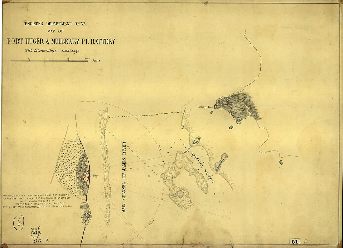 This old map of Map of Fort Huger & Mulberry Pt. Battery With Intermediate Soundings. (Map of Fort Huger and Mulberry Point Battery With Intermediate Soundings.) from 1863 was created by Confederate States of America. Army. Dept. Of Northern Virginia. C