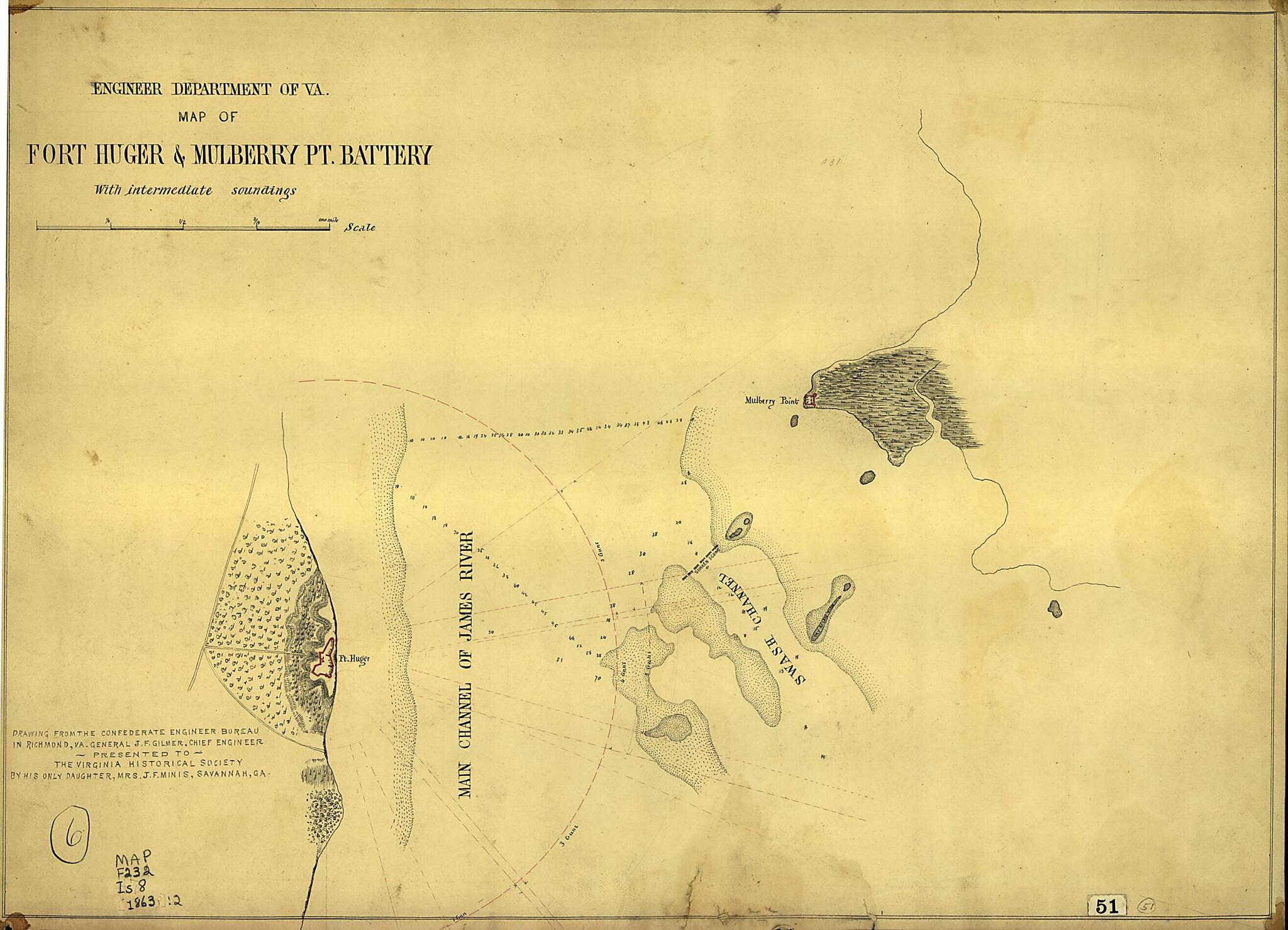 This old map of Map of Fort Huger & Mulberry Pt. Battery With Intermediate Soundings. (Map of Fort Huger and Mulberry Point Battery With Intermediate Soundings.) from 1863 was created by Confederate States of America. Army. Dept. Of Northern Virginia. C