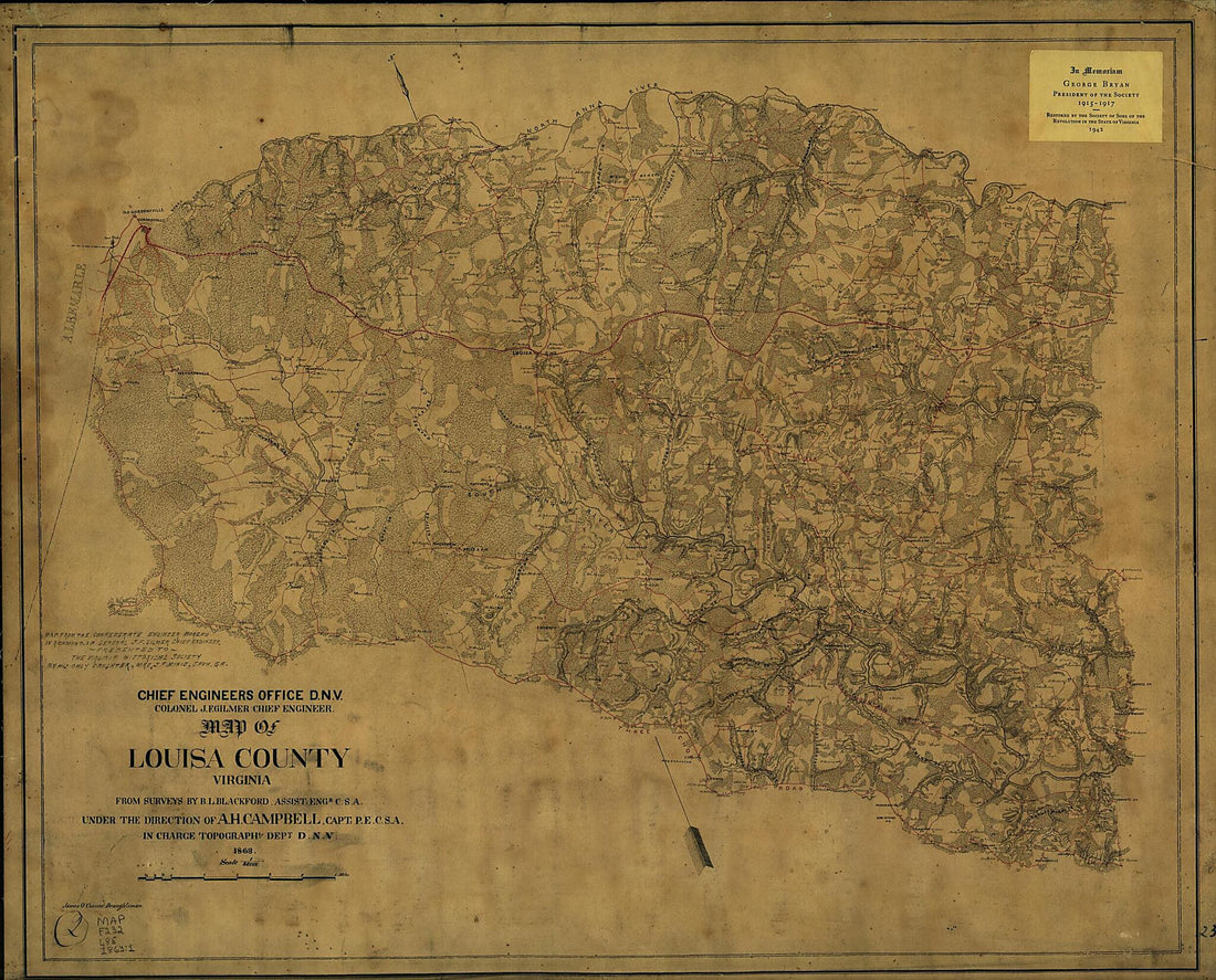 This old map of Map of Louisa County, Virginia from 1863 was created by B. L. (Benjamin Lewis) Blackford, Albert H. (Albert Henry) Campbell, Confederate States of America. Army. Dept. Of Northern Virginia. Chief Engineer&