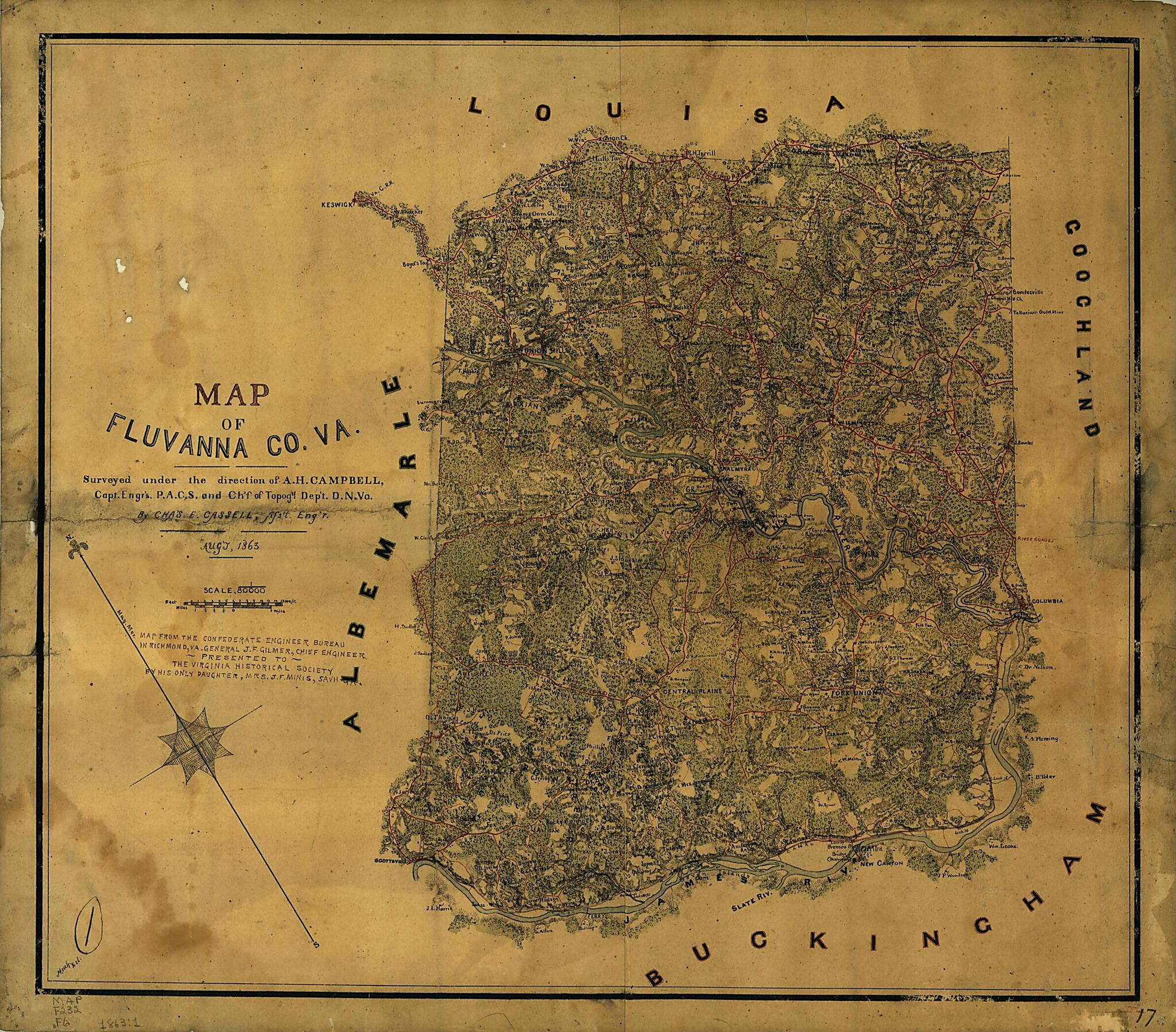 This old map of Map of Fluvanna County Va. (Map of Fluvanna County, Virginia) from 1863 was created by Albert H. (Albert Henry) Campbell, Charles E. Cassell, Confederate States of America. Army. Dept. Of Northern Virginia. Chief Engineer&