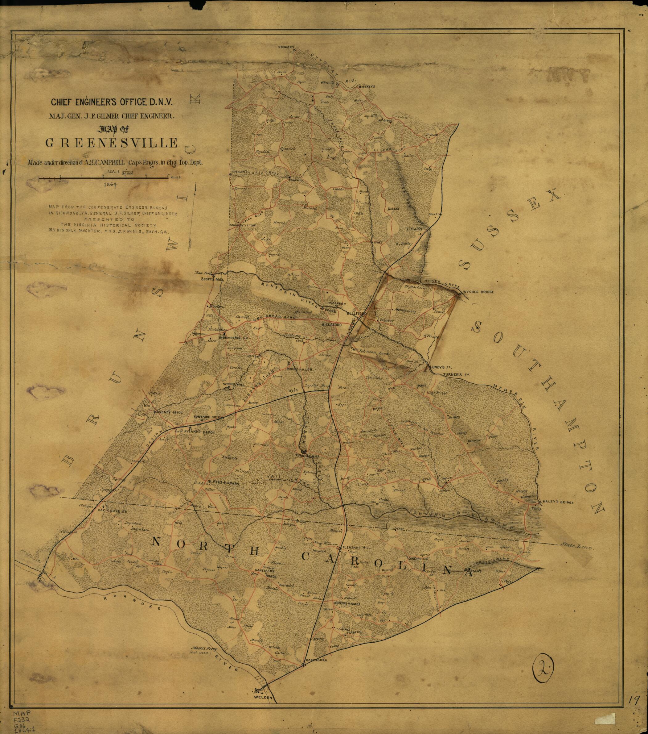 This old map of Map of Greensville from 1864 was created by Albert H. (Albert Henry) Campbell, Confederate States of America. Army. Dept. Of Northern Virginia. Chief Engineer&