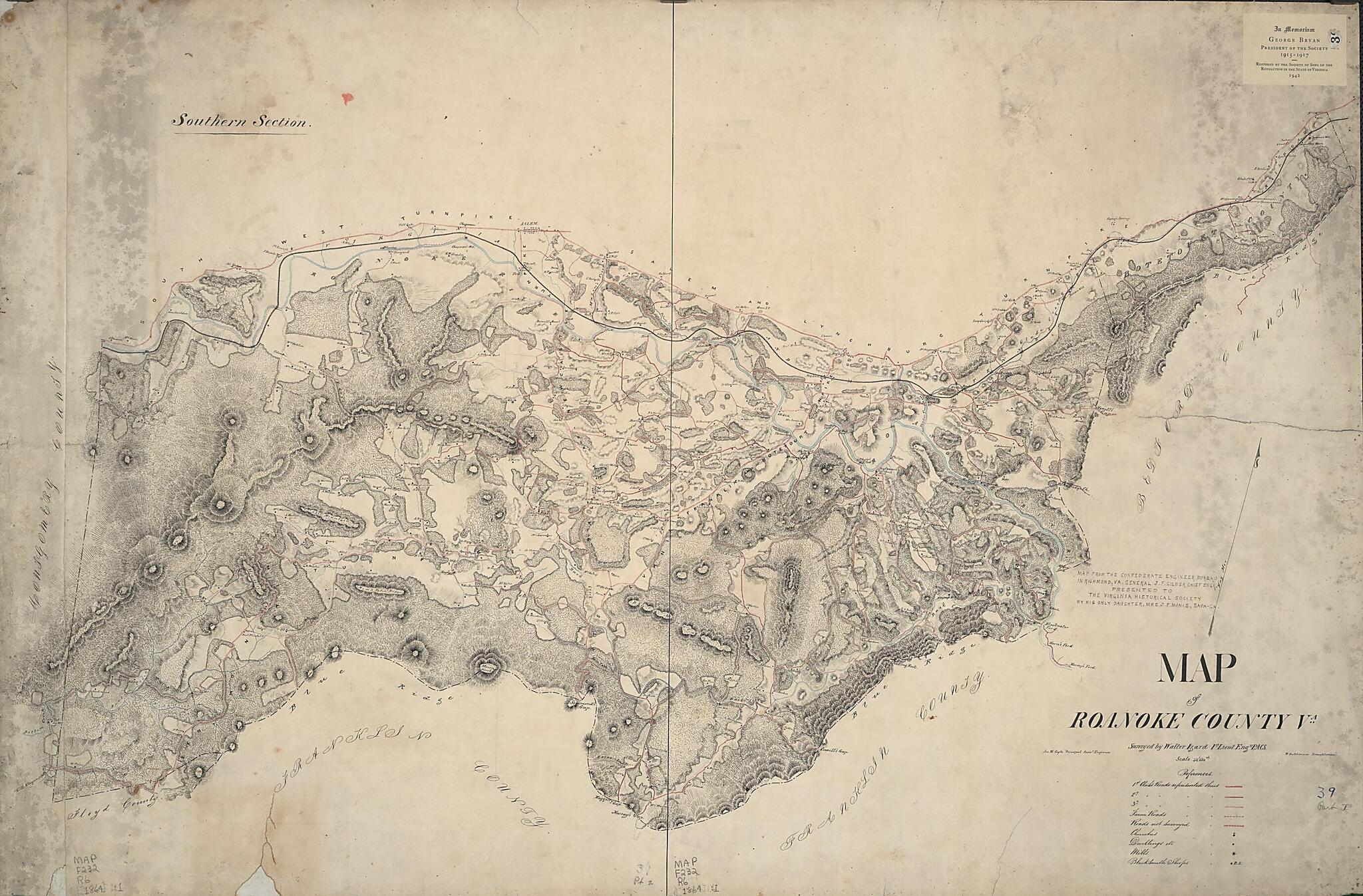 This old map of Map of Roanoke County Va. : Southern Section (Map of Roanoke County, Virginia, Southern Section.) from 1864 was created by Albert H. (Albert Henry) Campbell, Confederate States of America. Army. Dept. Of Northern Virginia. Chief Engineer