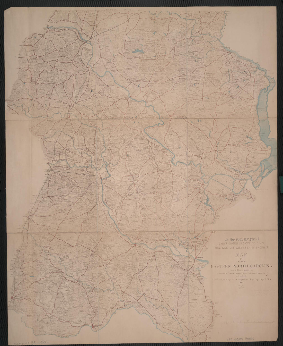This old map of Map of a Part of Eastern North Carolina from a Map In Progress from 1864 was created by Albert H. (Albert Henry) Campbell, Confederate States of America. Army. Dept. Of Northern Virginia. Chief Engineer&